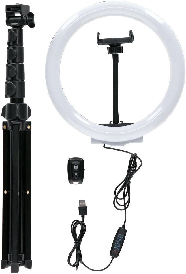 Ein Ringlicht-Kit mit Stativ, Telefonhalter, Fernbedienung und USB-Kabel. Das Licht ist weiß, das Stativ und der Halter sind schwarz.