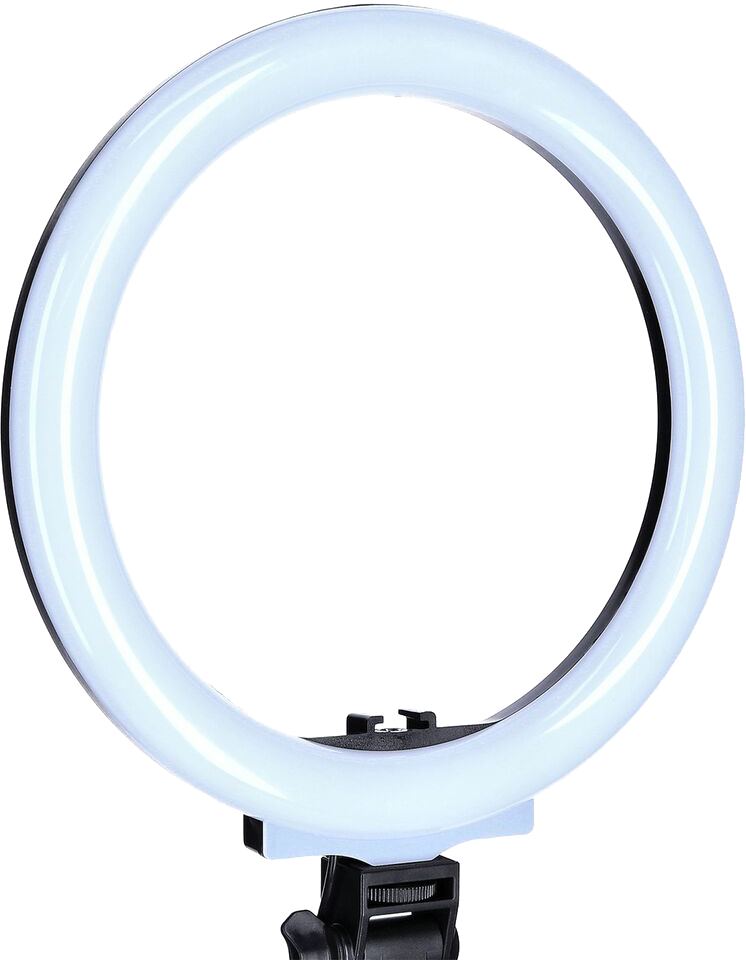 Ein hellweißes Ringlicht für Fotografie oder Video. Es hat einen schwarzen Ständer und eine kreisförmige Form. Der Hintergrund ist weiß.