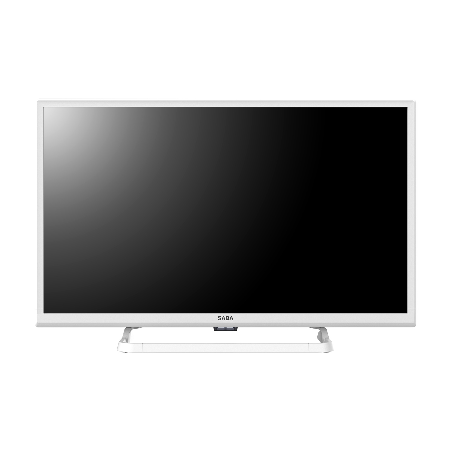 Un televisore SABA bianco con schermo nero è centrato su uno sfondo bianco. La TV è su un supporto bianco.