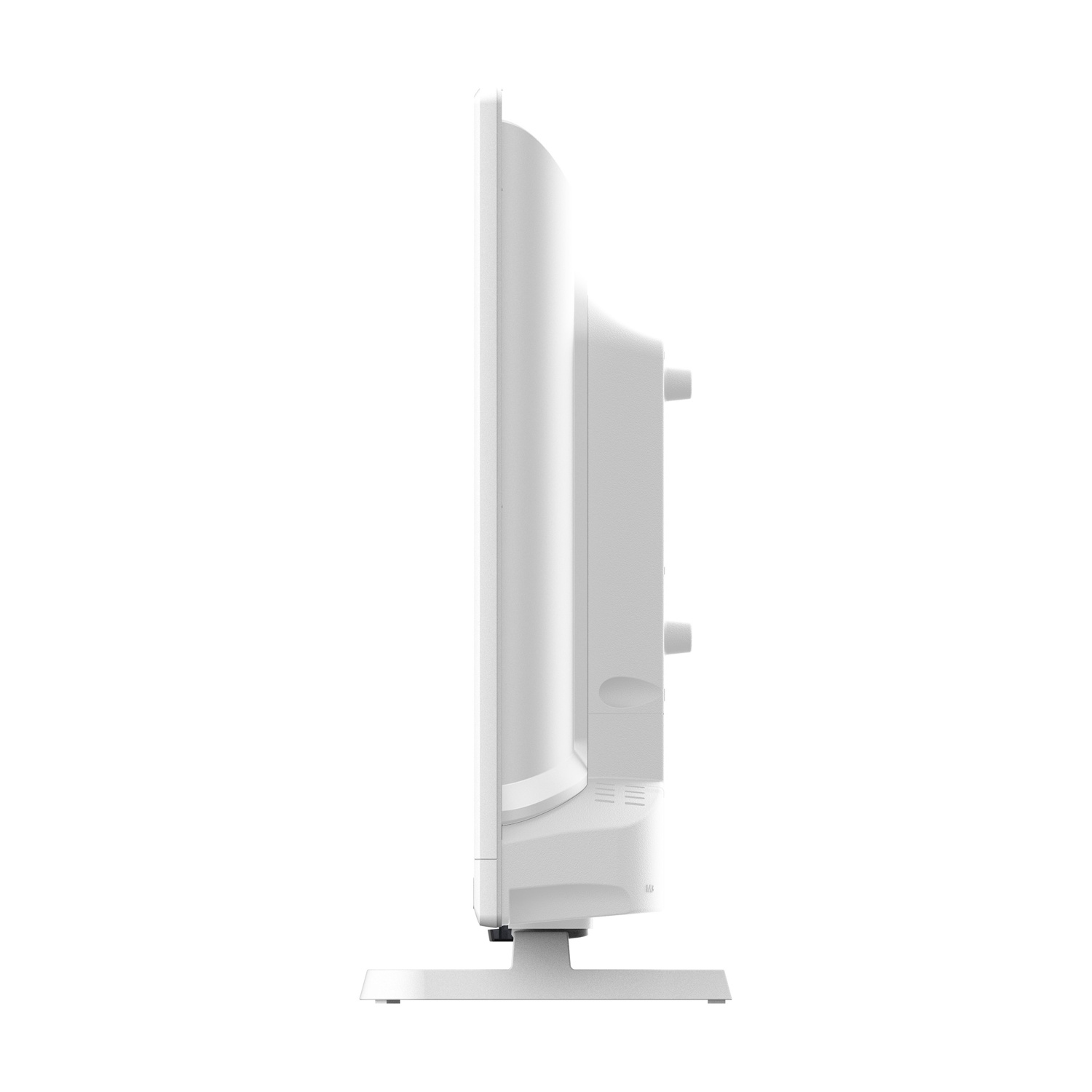 Una vista laterale bianca di una TV con supporto. Lo schermo è a sinistra, il pannello posteriore ha pulsanti e porte. Lo sfondo è bianco.