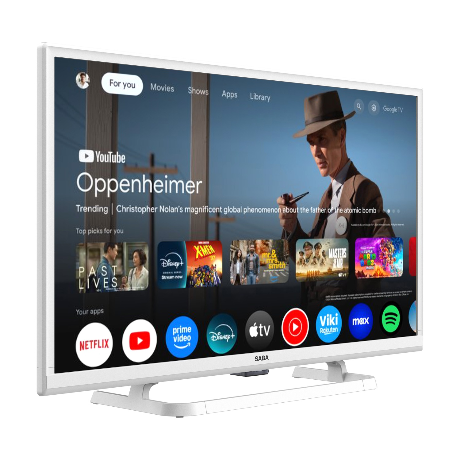 TV SABA bianco che mostra l'app di YouTube con i dettagli del film Oppenheimer. Sono visibili app come Netflix e Disney+.