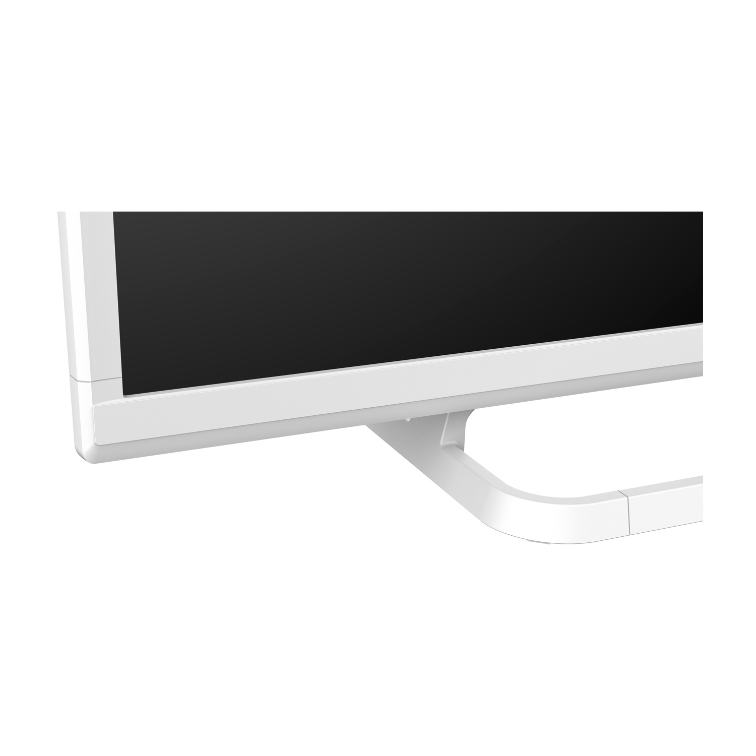 Un primo piano di un monitor di computer bianco con uno schermo nero. Il supporto è bianco e curvo. Lo sfondo è bianco.
