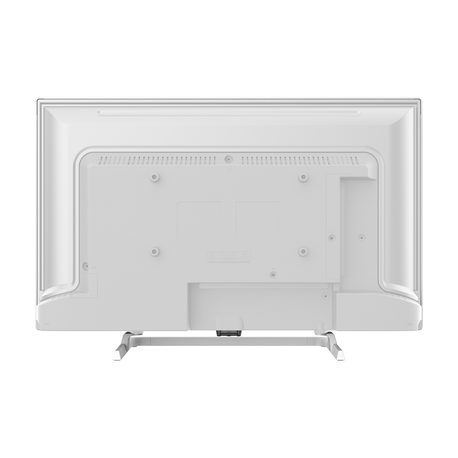 Vista posteriore di una TV a schermo piatto bianca su sfondo bianco. Il televisore ha un supporto. Sul retro sono visibili varie porte e viti.