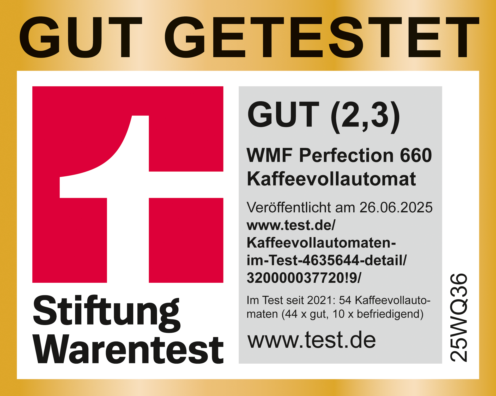 Ein Produkttest von Stiftung Warentest. Es steht 'GUT (2,3)' für WMF Perfection 660. Der Hintergrund ist gold, weiß und rot.