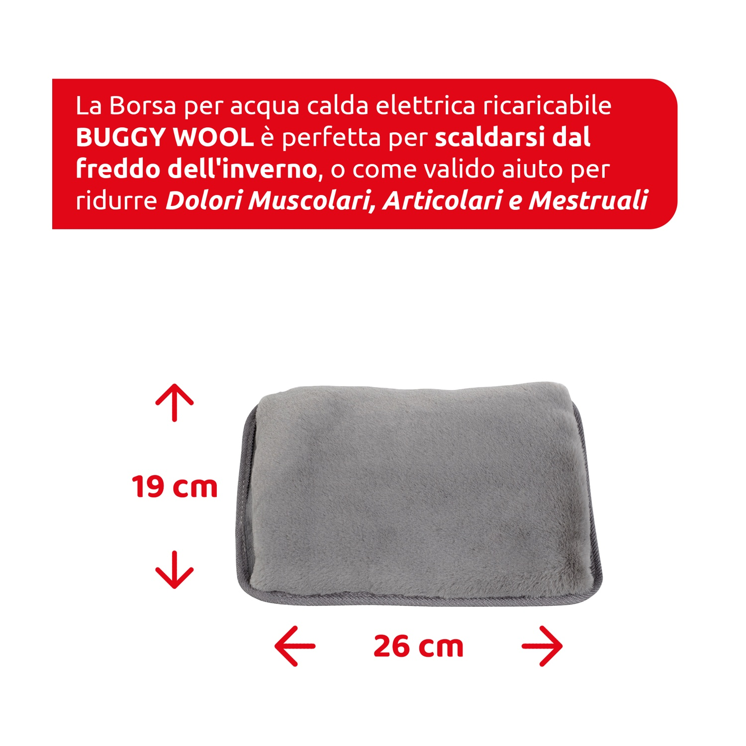 Una borsa dell'acqua calda ricaricabile elettrica Buggy Wool grigia, rettangolare, con dimensioni di 19 cm x 26 cm, su sfondo bianco.