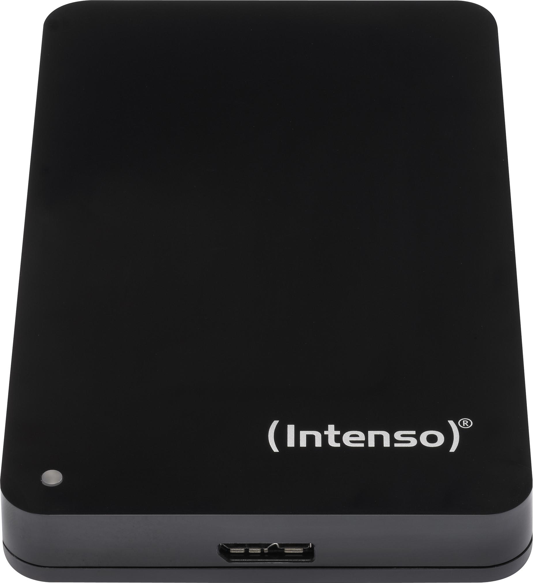 Disque dur externe noir avec indicateur d'alimentation argenté. La marque est Intenso. Un port USB est en bas.