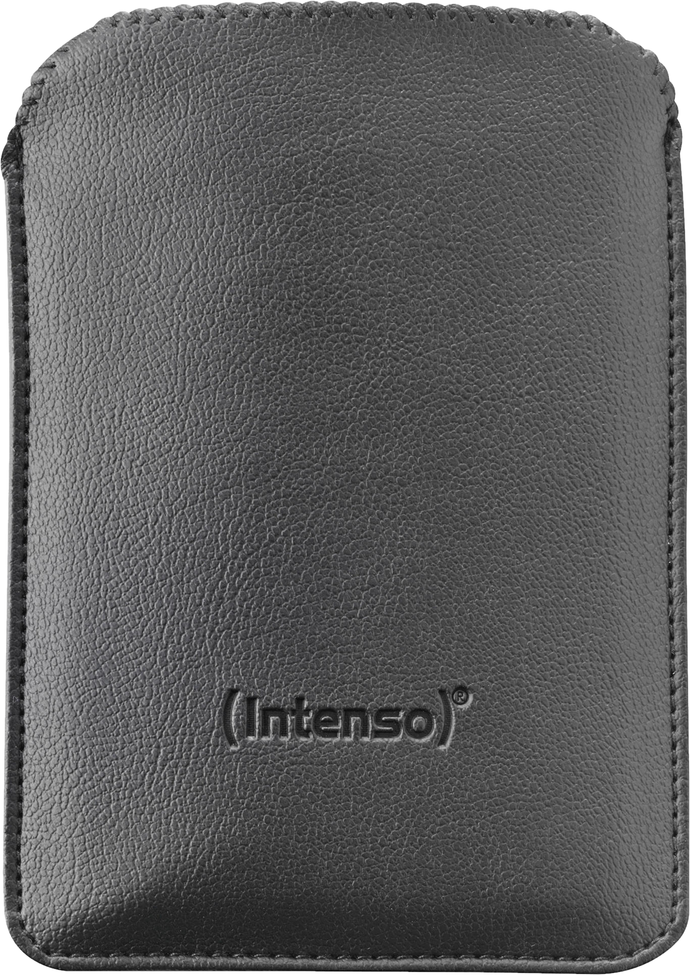 Un étui en cuir noir avec la marque en relief "(Intenso)". L'étui a des bords cousus et une surface texturée.
