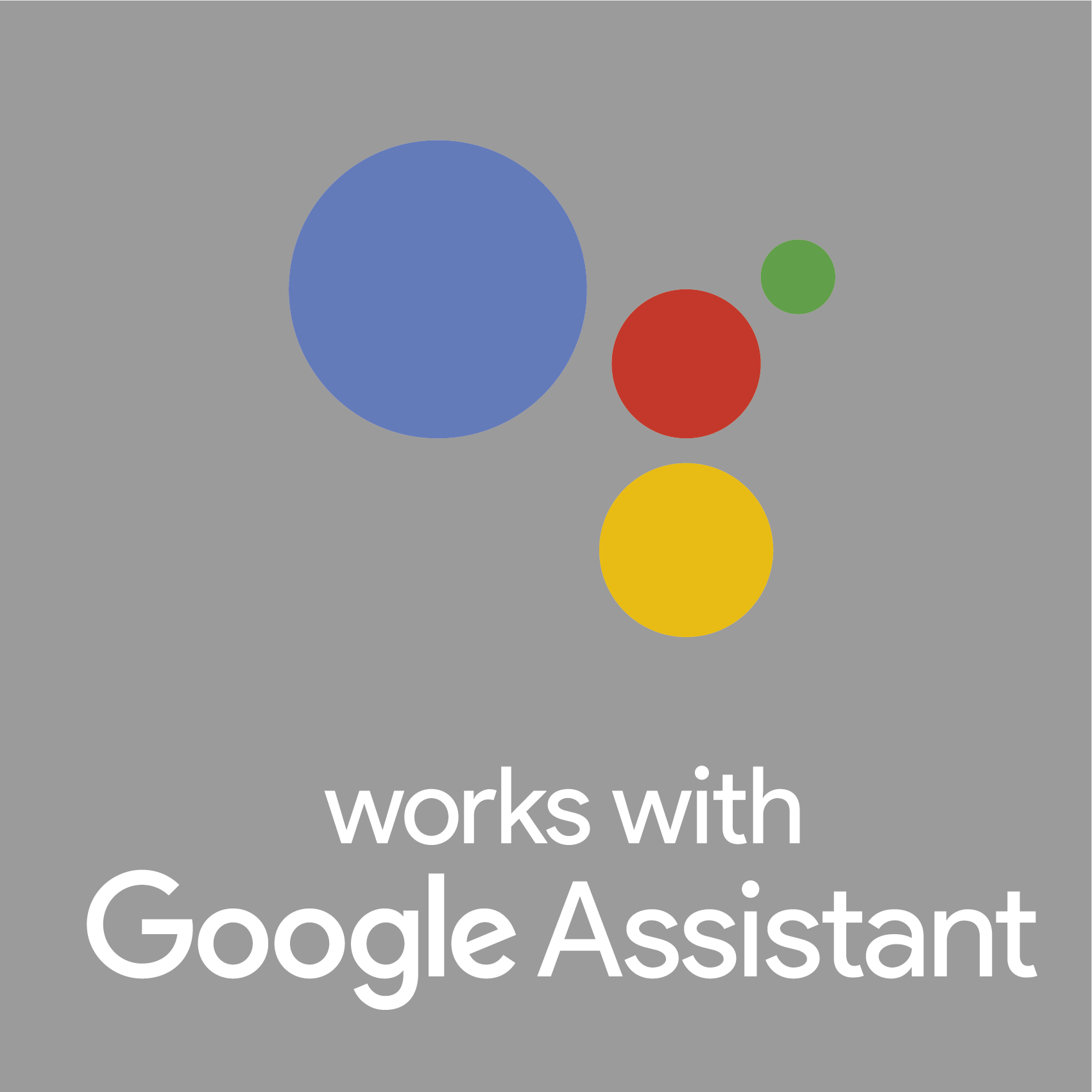 Grauer Hintergrund mit Google Assistant Logo: blaue, rote, gelbe und grüne Kreise. Text: funktioniert mit Google Assistant.