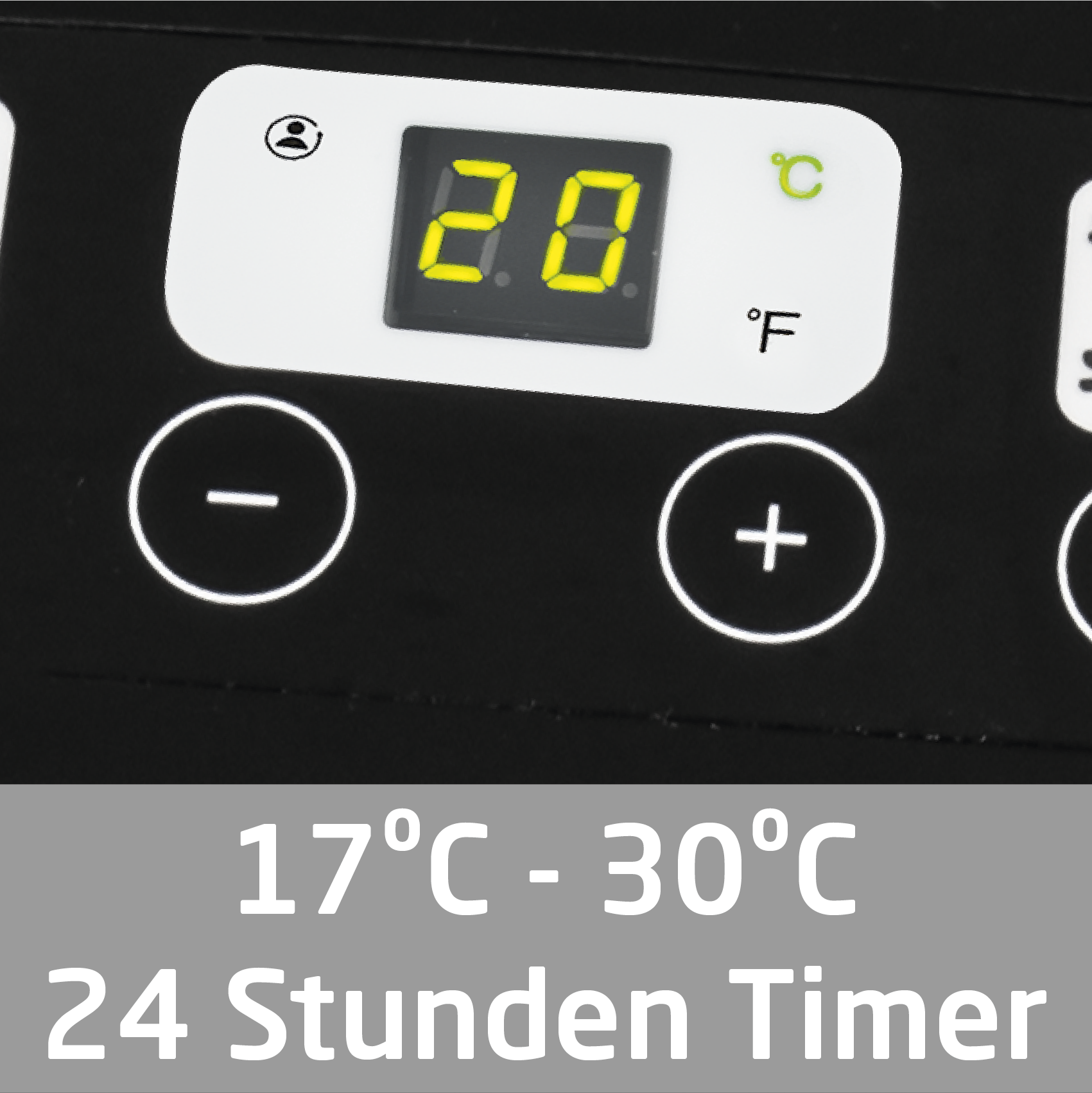Nahaufnahme eines schwarzen Bedienfelds mit Digitalanzeige '20' und Temperaturreglern.