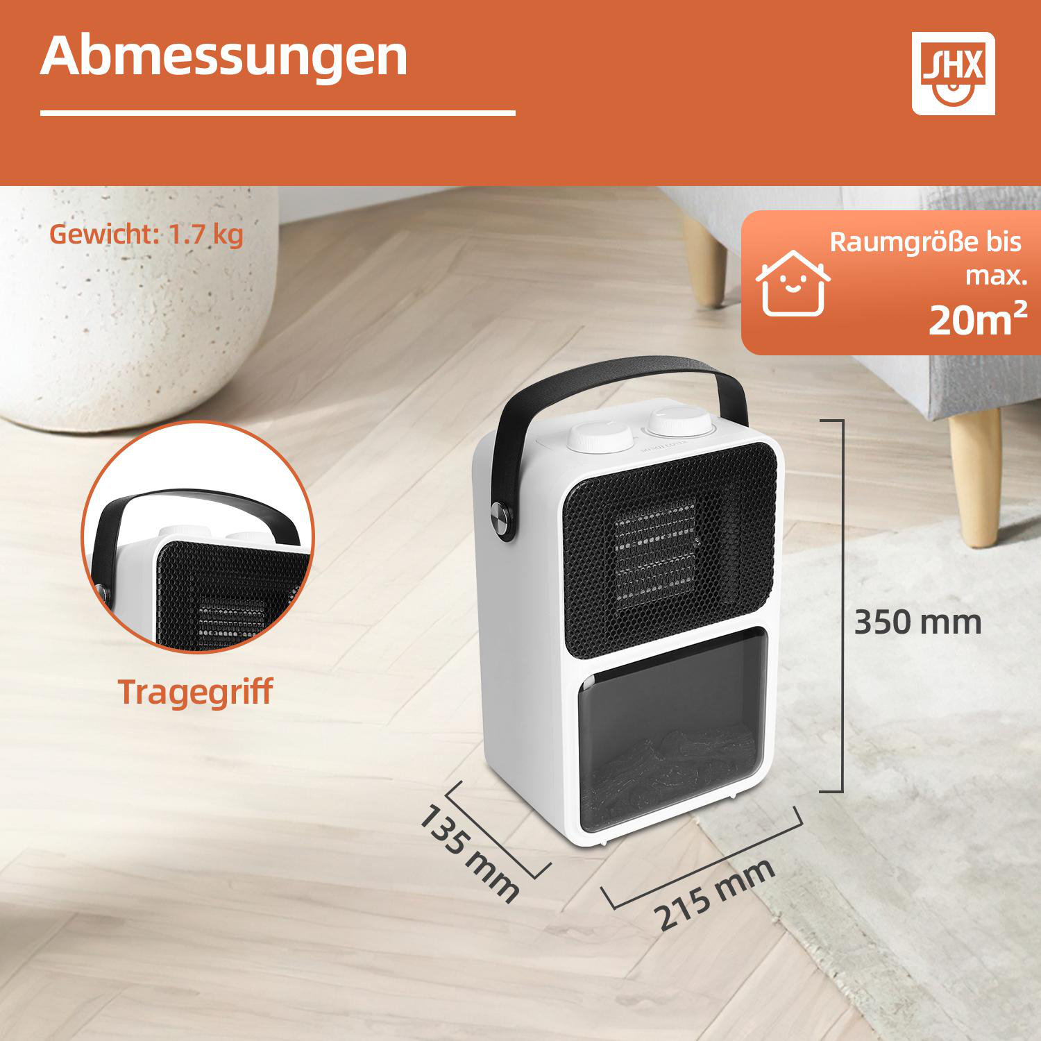 Ein weißer Elektroheizer mit schwarzem Griff. Er hat die Maße 135x215x350mm und heizt bis zu 20m². Das Gewicht beträgt 1,7 kg.
