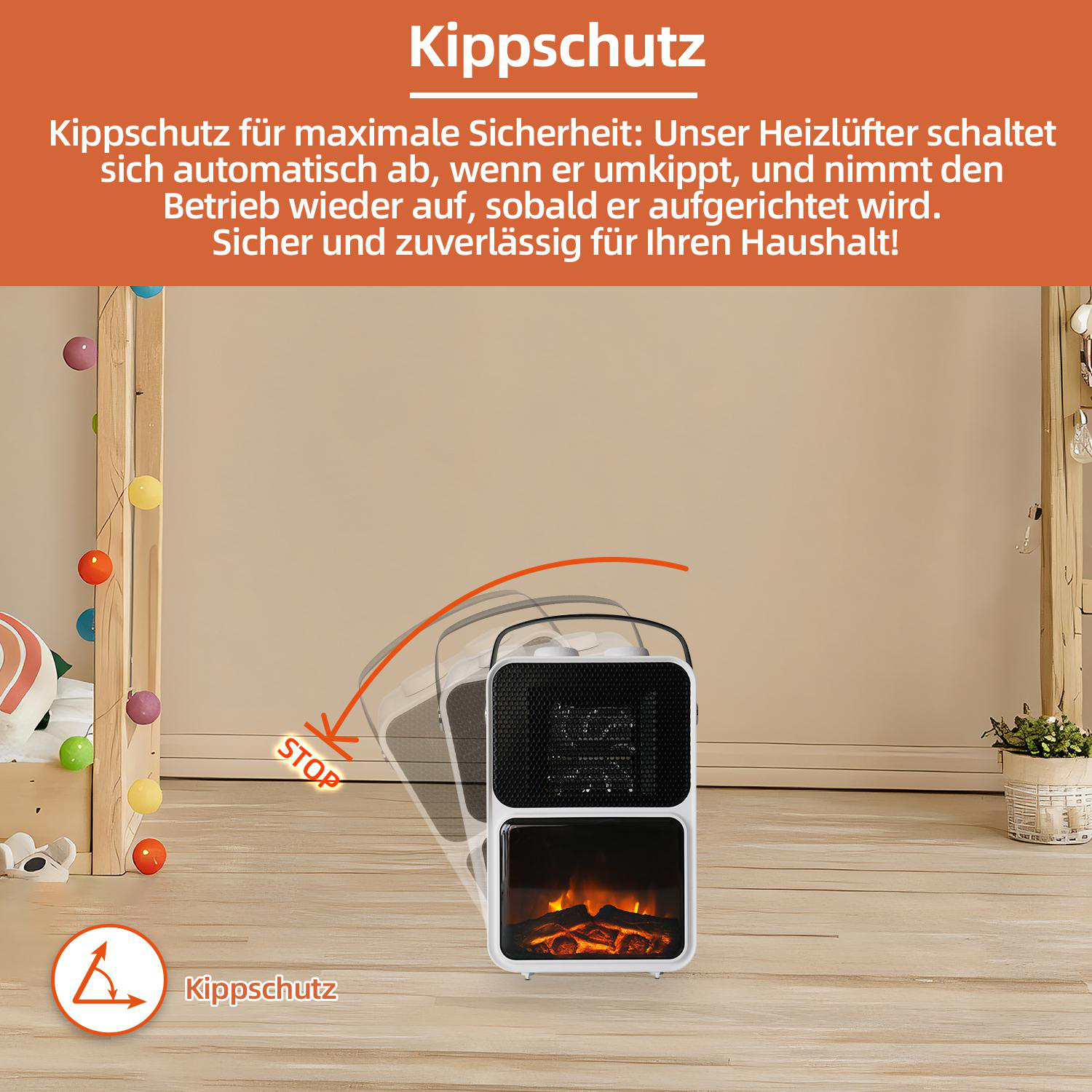 Ein weißer Heizlüfter mit schwarzer Oberseite und Kamineffekt. Das Bild zeigt die Kippschutzfunktion.