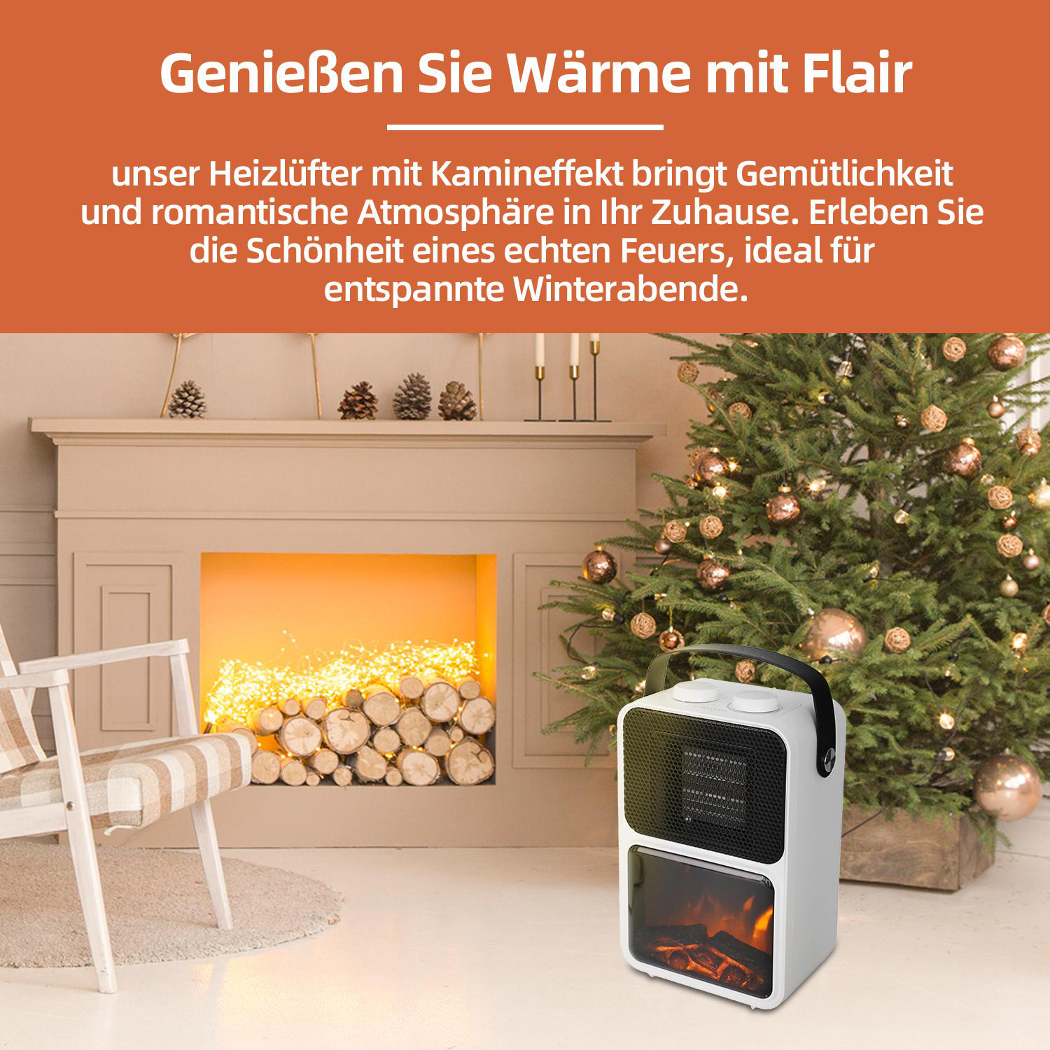 Ein weißer Heizlüfter mit Kamineffekt steht vor einem Weihnachtsbaum. Ein Stuhl und ein Kamin sind im Hintergrund.