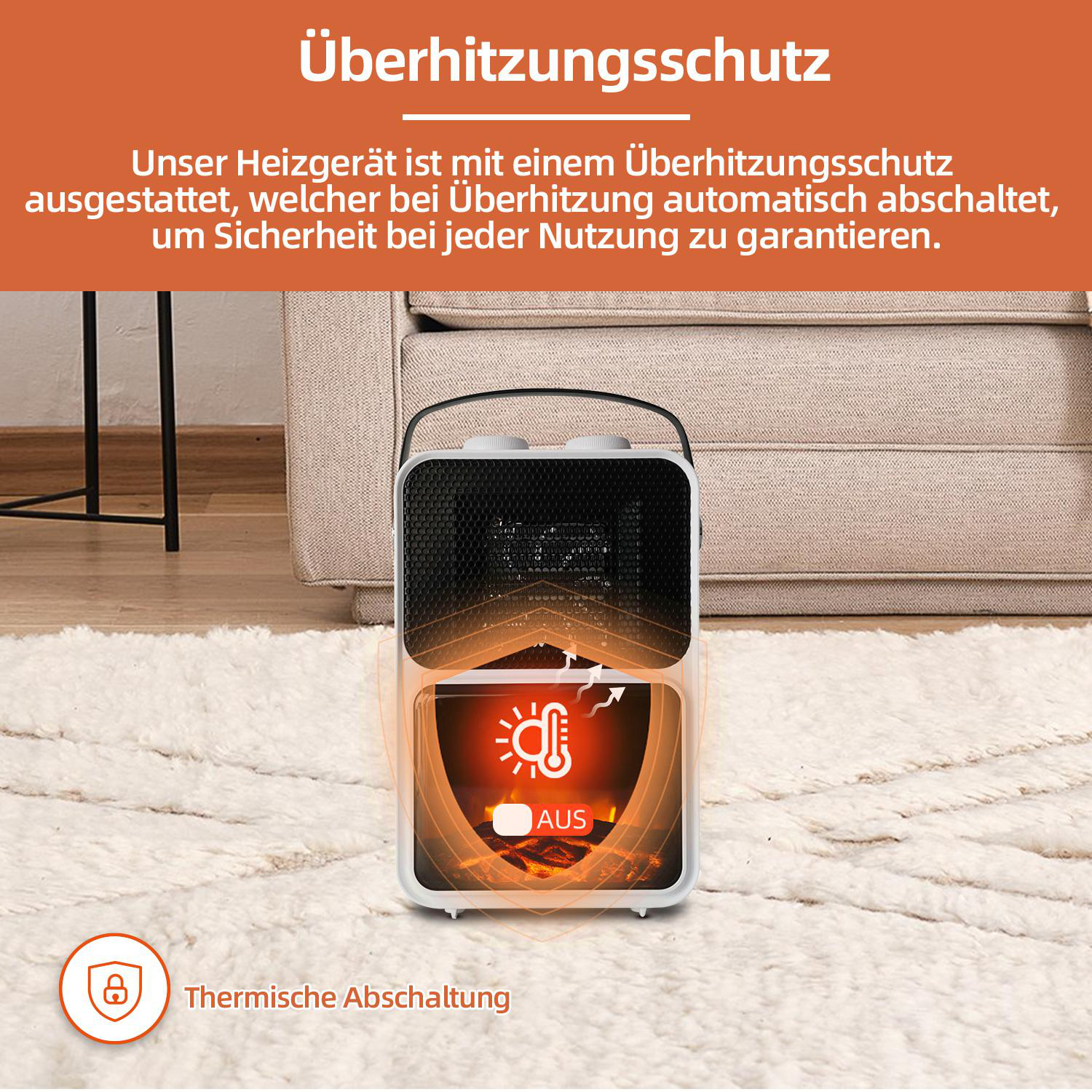 Ein weiß-schwarzes Heizgerät mit einem 'AUS'-Knopf. Text auf Deutsch beschreibt Überhitzungsschutz und Sicherheit.