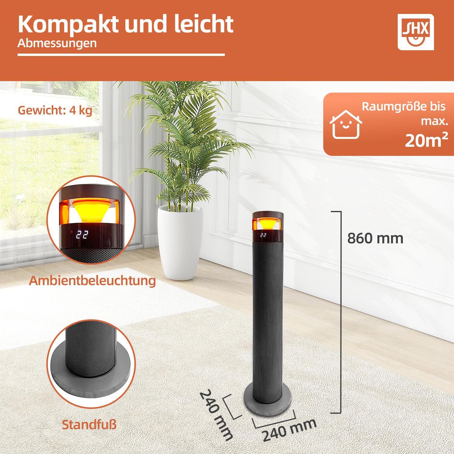 Ein zylindrischer Heizkörper in Schwarz und Grau mit Abmessungen. Eine Pflanze in einem weißen Topf ist sichtbar. Text zeigt Gewicht und Raumgröße.