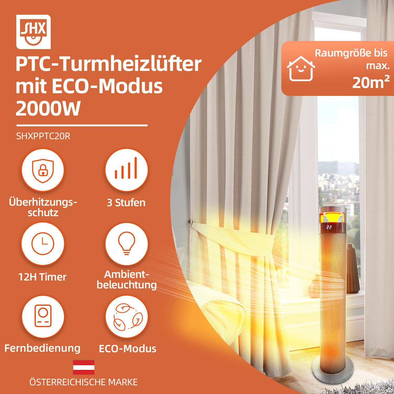 Ein Turmheizgerät mit Digitalanzeige vor einem Fenster mit Vorhängen. Es hat ein modernes Design und befindet sich auf orangefarbenem Hintergrund.