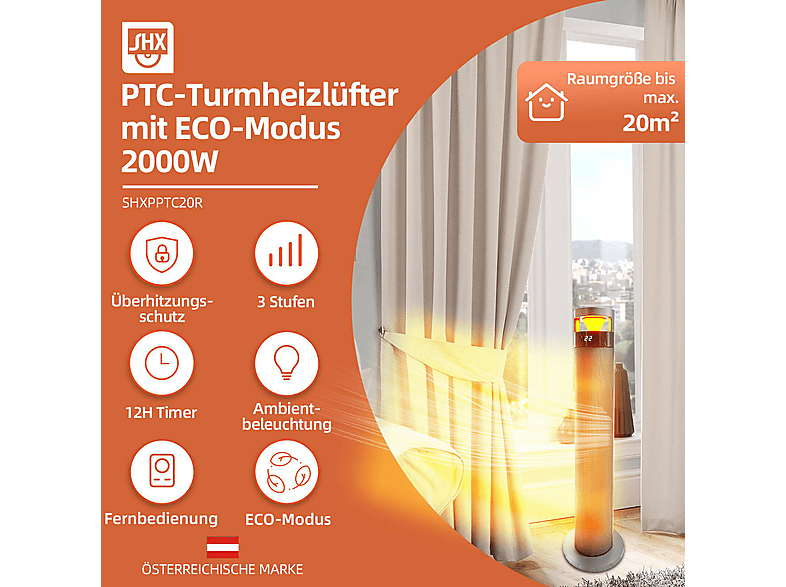 SHX PTC-Turmheizlüfter mit ECO-Modus 2000W SHXPPTC20R