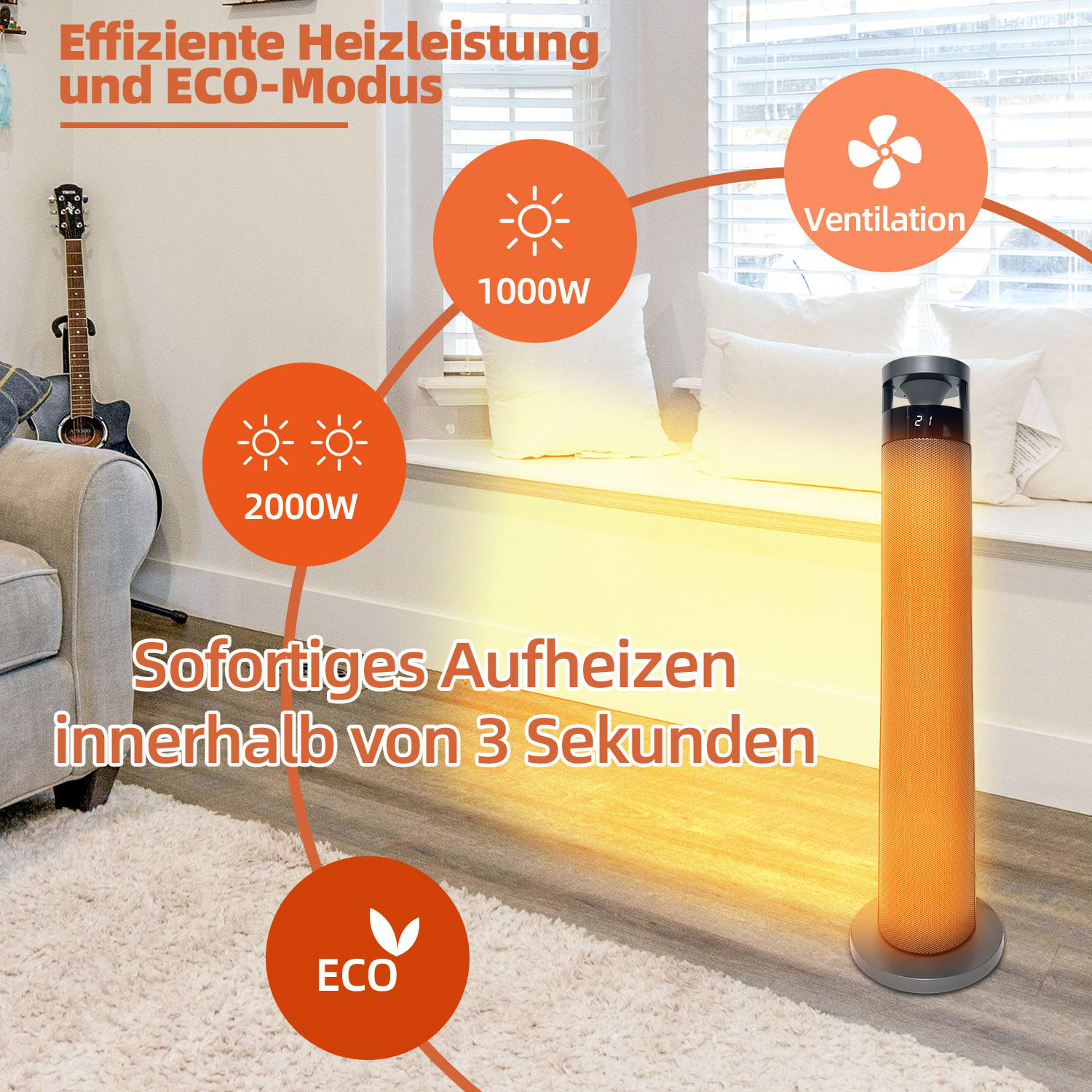 Ein orangefarbener Heizlüfter mit Digitalanzeige und orangen Kreisen, die Einstellungen anzeigen. Eine Gitarre und Couch im Hintergrund. Weißer Teppich.