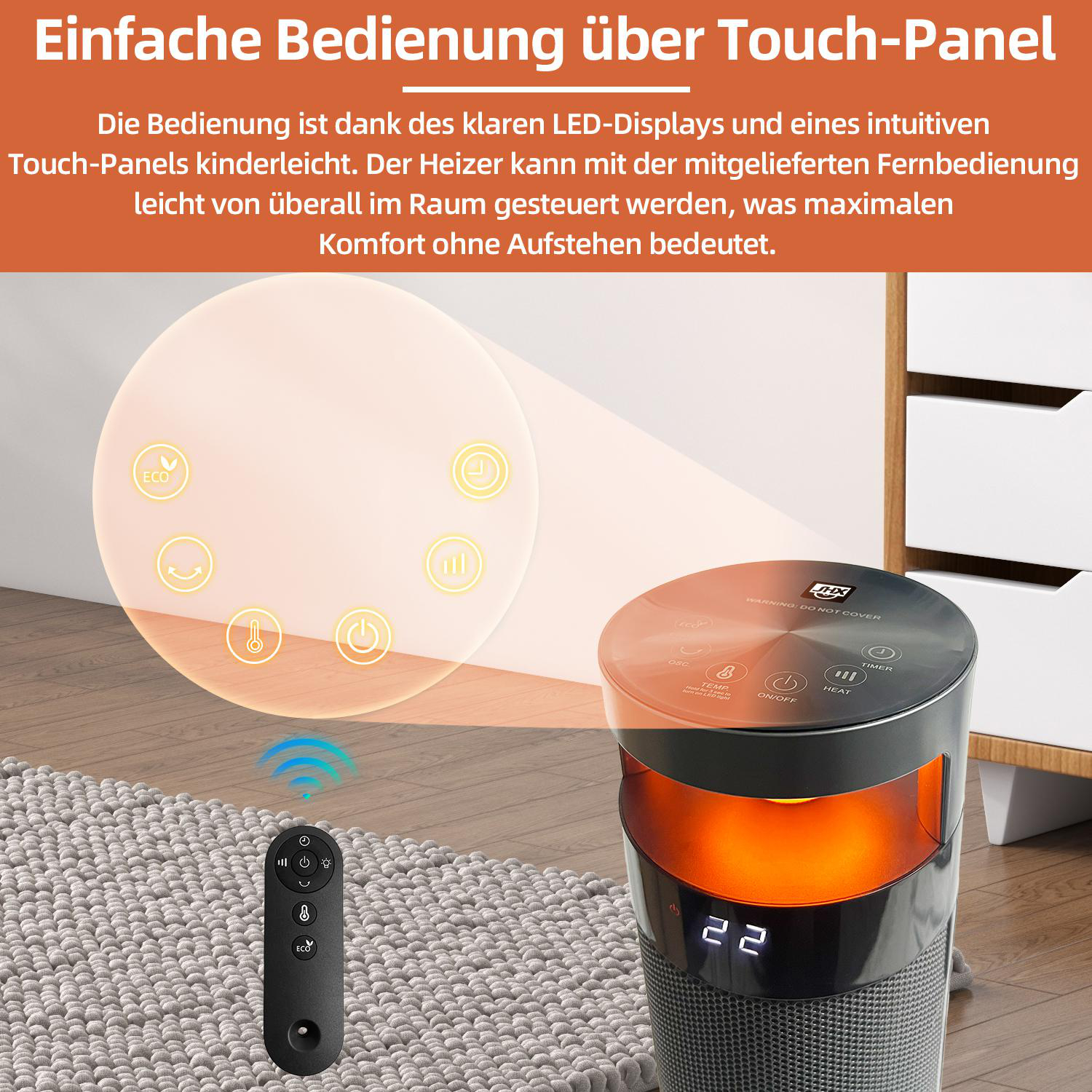 Ein schwarzer Heizlüfter mit Fernbedienung auf einem Teppich. Er hat ein Touchpanel und zeigt die Temperatur an. Rechts ist ein Schrank.