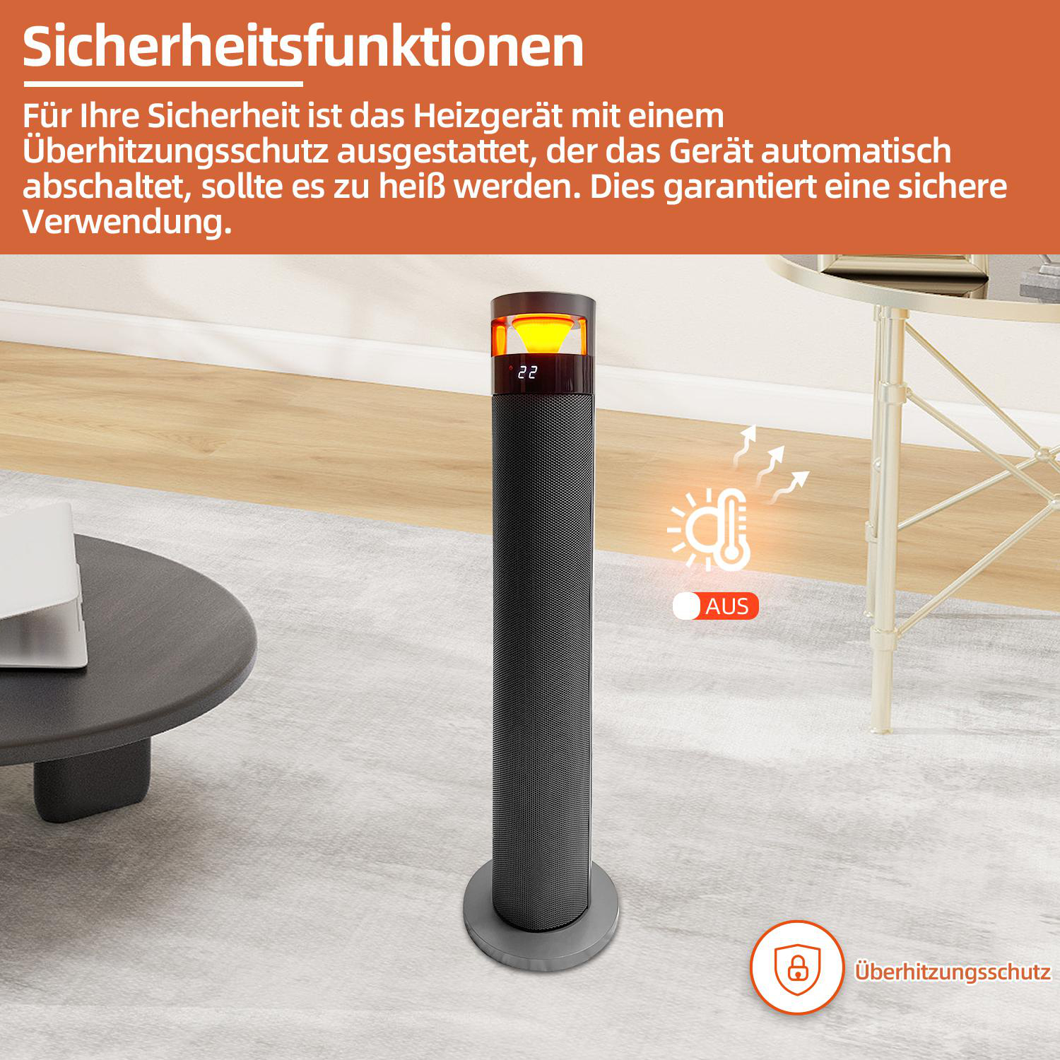 Ein schwarzer und grauer zylindrischer Heizlüfter mit Digitalanzeige, neben einem Tisch. Text: Sicherheitsmerkmale, Überhitzungsschutz.