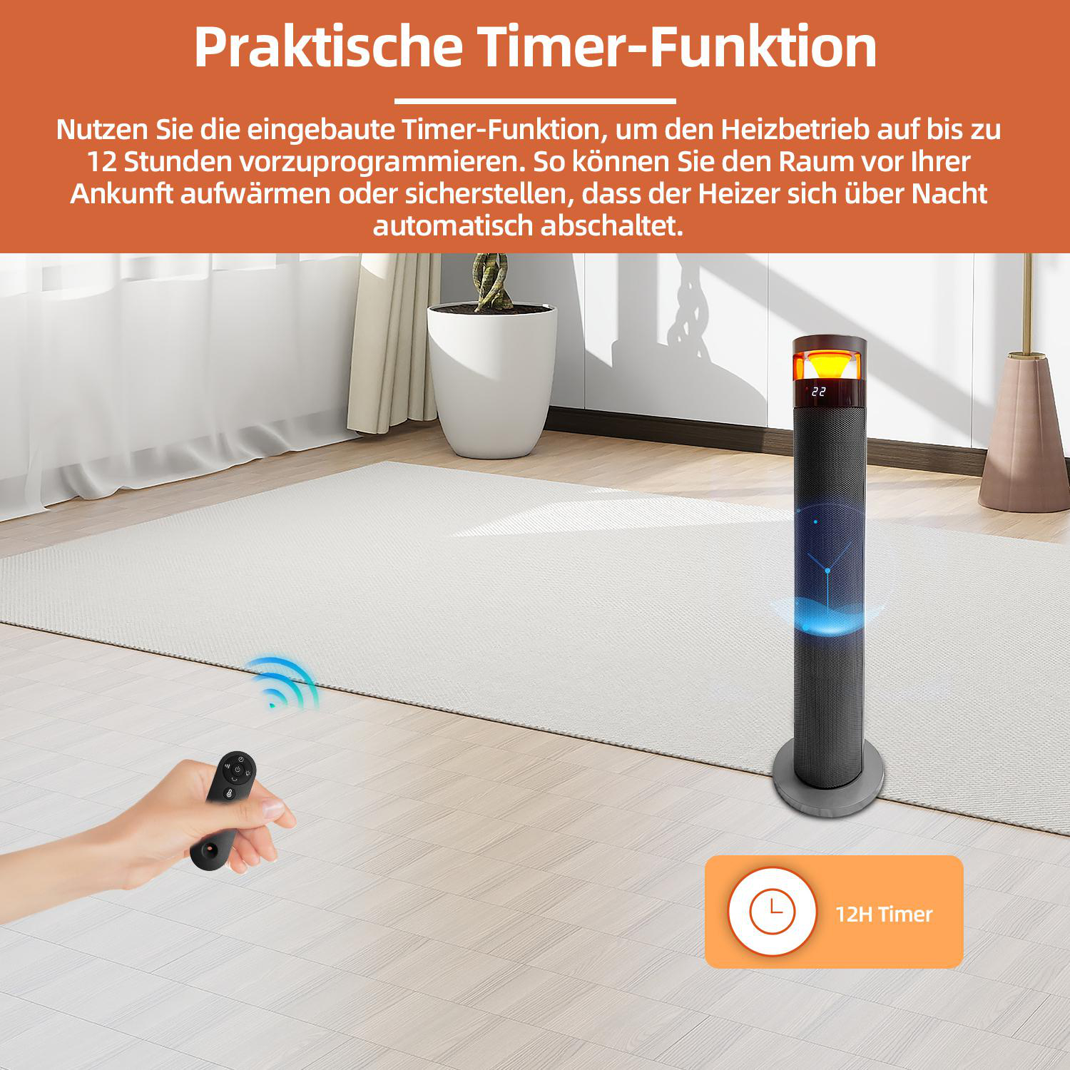 Ein schwarzer Heizlüfter mit Timerfunktion steht auf hellem Holzboden. Eine Hand hält eine Fernbedienung. Text: Praktische Timerfunktion.