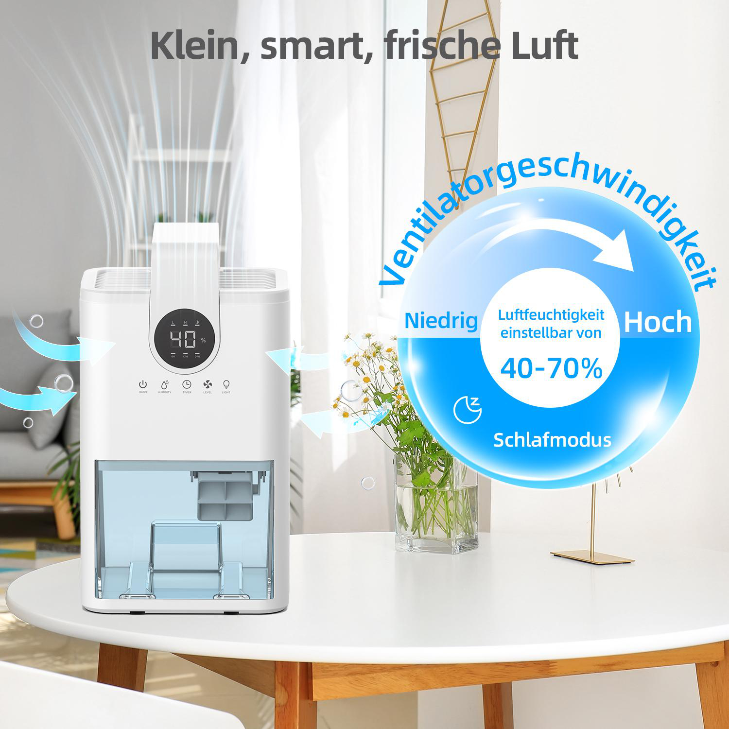 Ein weißer Luftreiniger mit digitaler Anzeige steht auf einem weißen Tisch. Der Text auf dem Bild lautet 'Klein, smart, frische Luft' und '40-70% Luftfeuchtigkeit'.