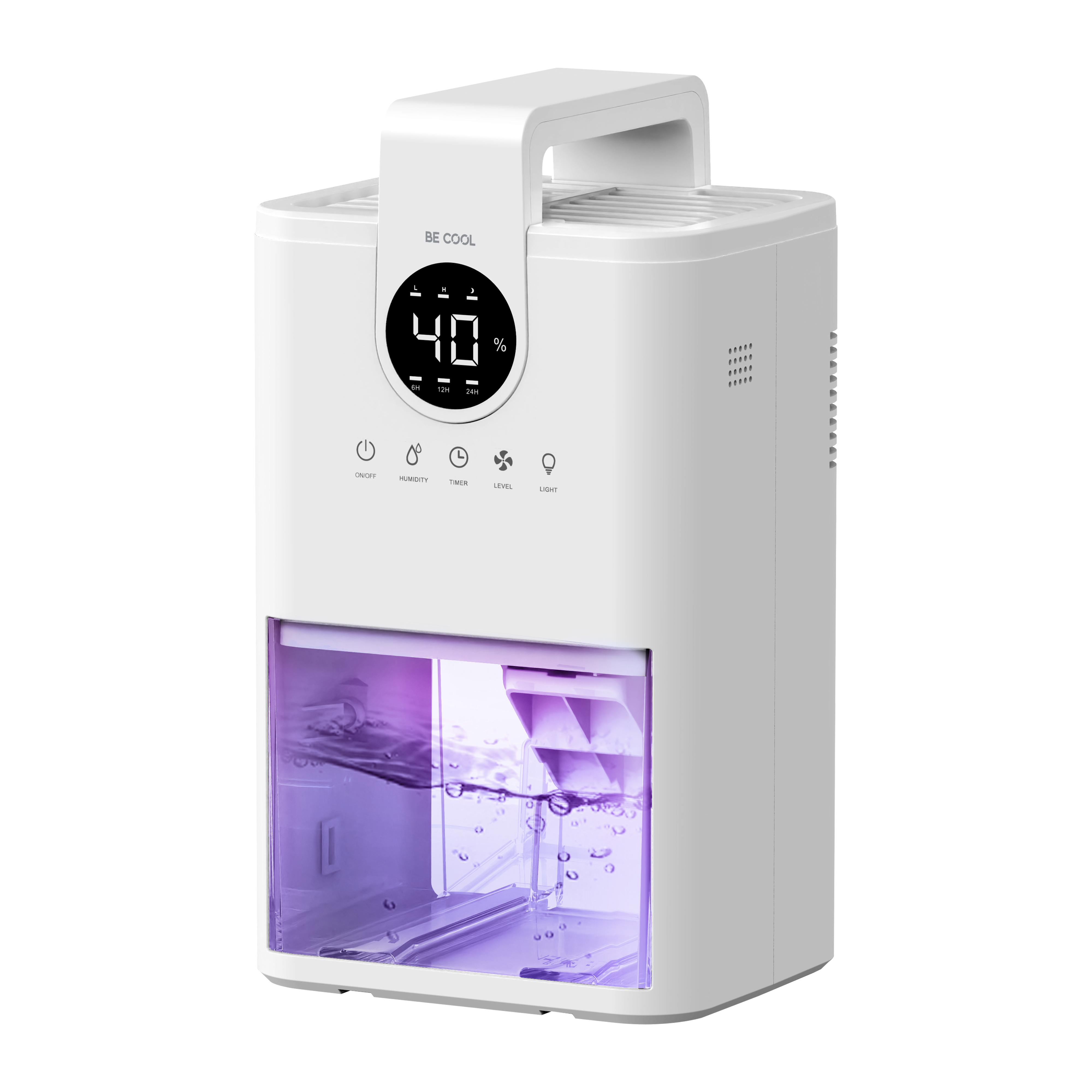 Ein weißer Luftbefeuchter mit Digitalanzeige, die 40 % anzeigt. Er hat einen Wassertank mit lila Licht und einen Griff oben.
