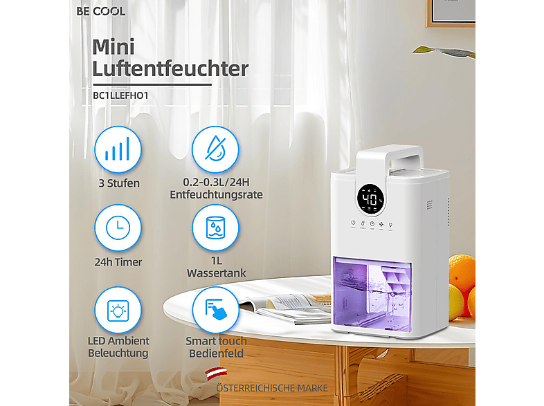 Be Cool BC1LLEFHO1 Luftentfeuchter Weiß (22,5 Watt, Entfeuchterleistung: 3 l/d, ) — Foto 3 von 5