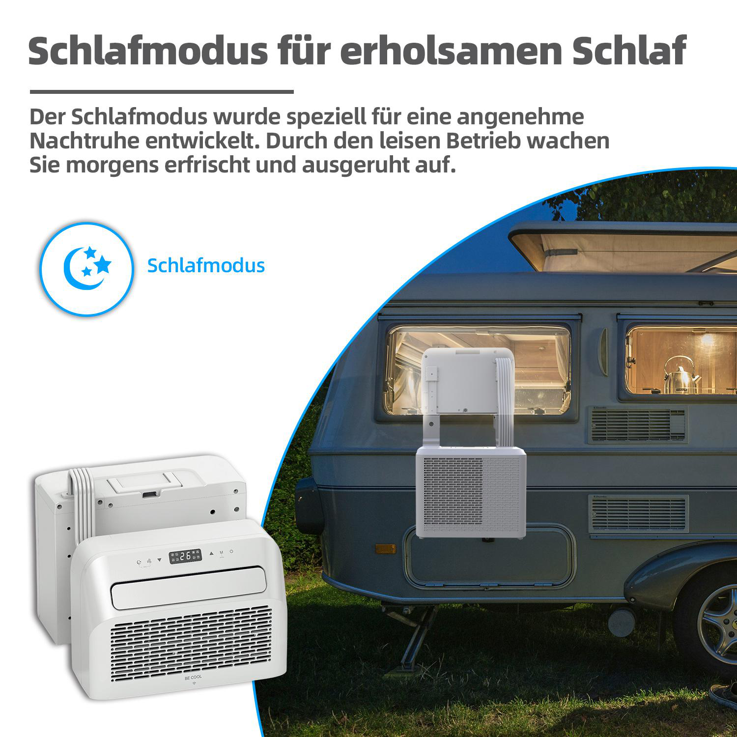 Eine Klimaanlage neben einem Wohnwagen, mit Text über den Schlafmodus. Das Gerät ist weiß und der Wohnwagen ist grau.
