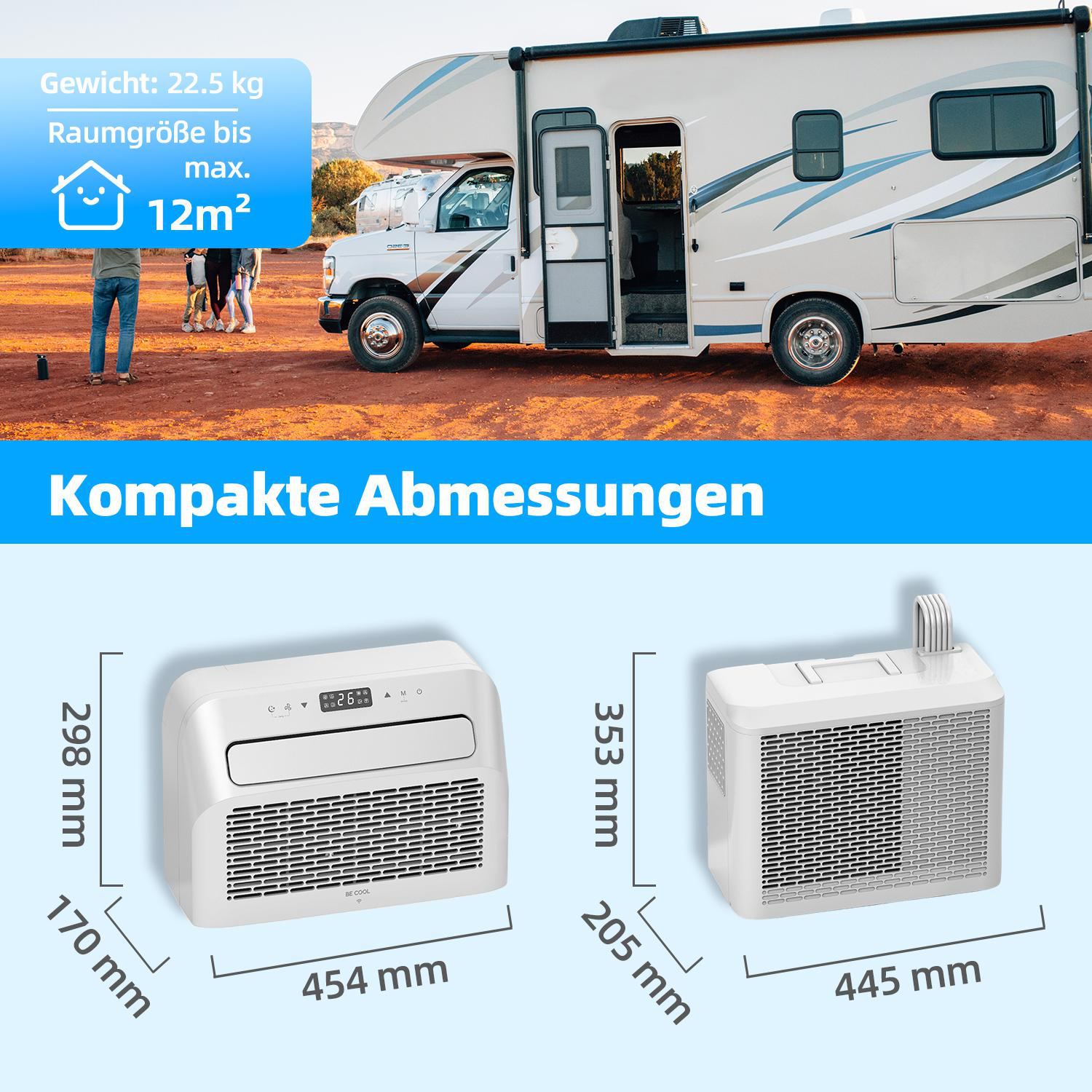 Ein Wohnmobil und zwei tragbare Klimaanlagen werden gezeigt. Text zeigt Gewicht, Größe und kompakte Abmessungen. Personen stehen in der Nähe des Vans.