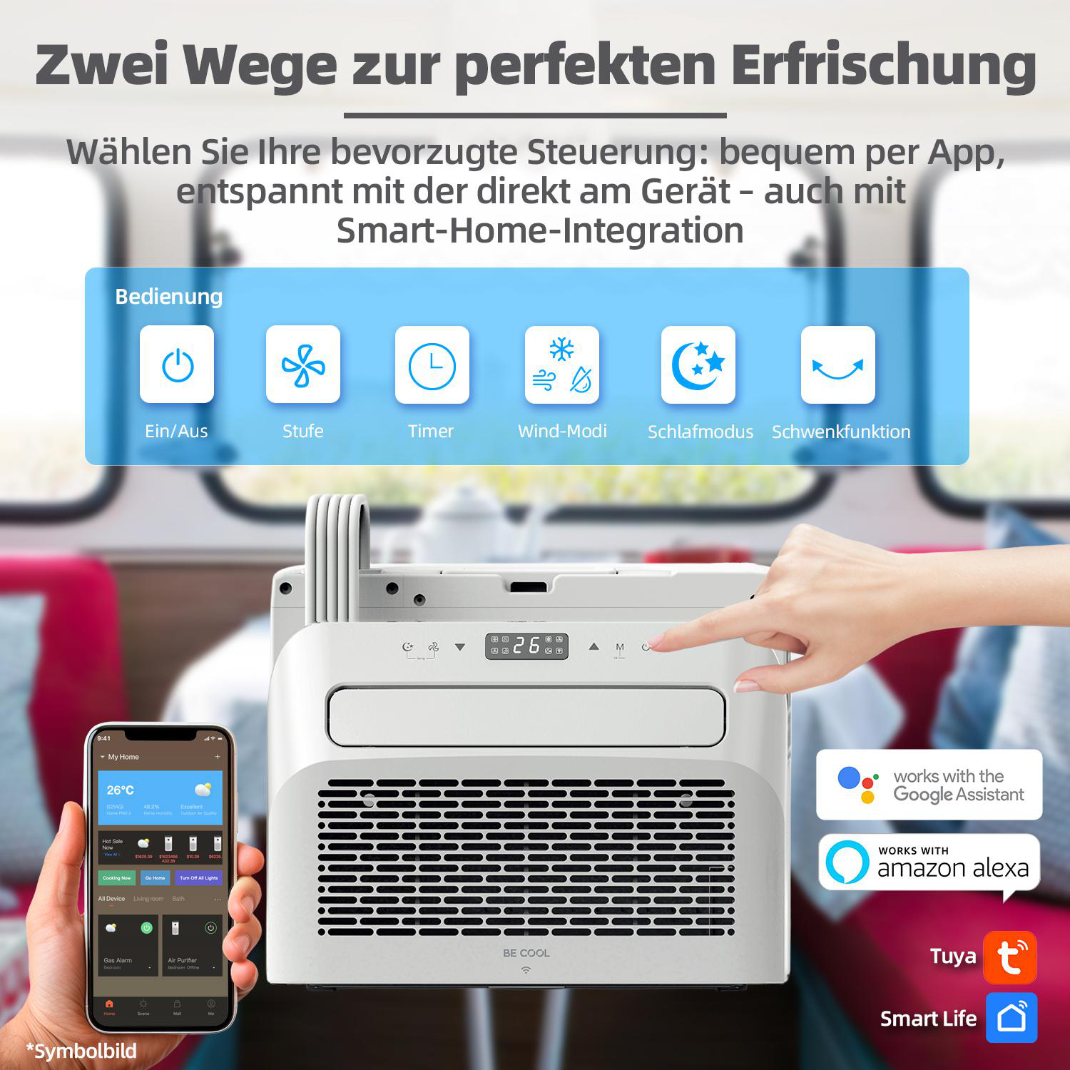 Ein weißer Klimaanlage, eine Hand drückt eine Taste. Ein Telefon zeigt eine App. Text beschreibt Bedienelemente und Smart-Home-Integration.