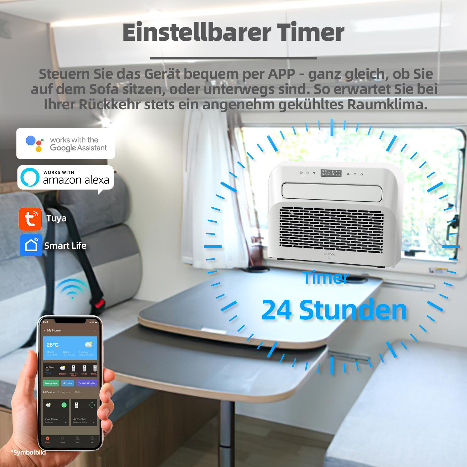 Eine Klimaanlage auf einem Tisch, ein Telefon mit einer App und Smart-Home-Symbolen werden angezeigt. Der Text lautet 'Einstellbarer Timer'.