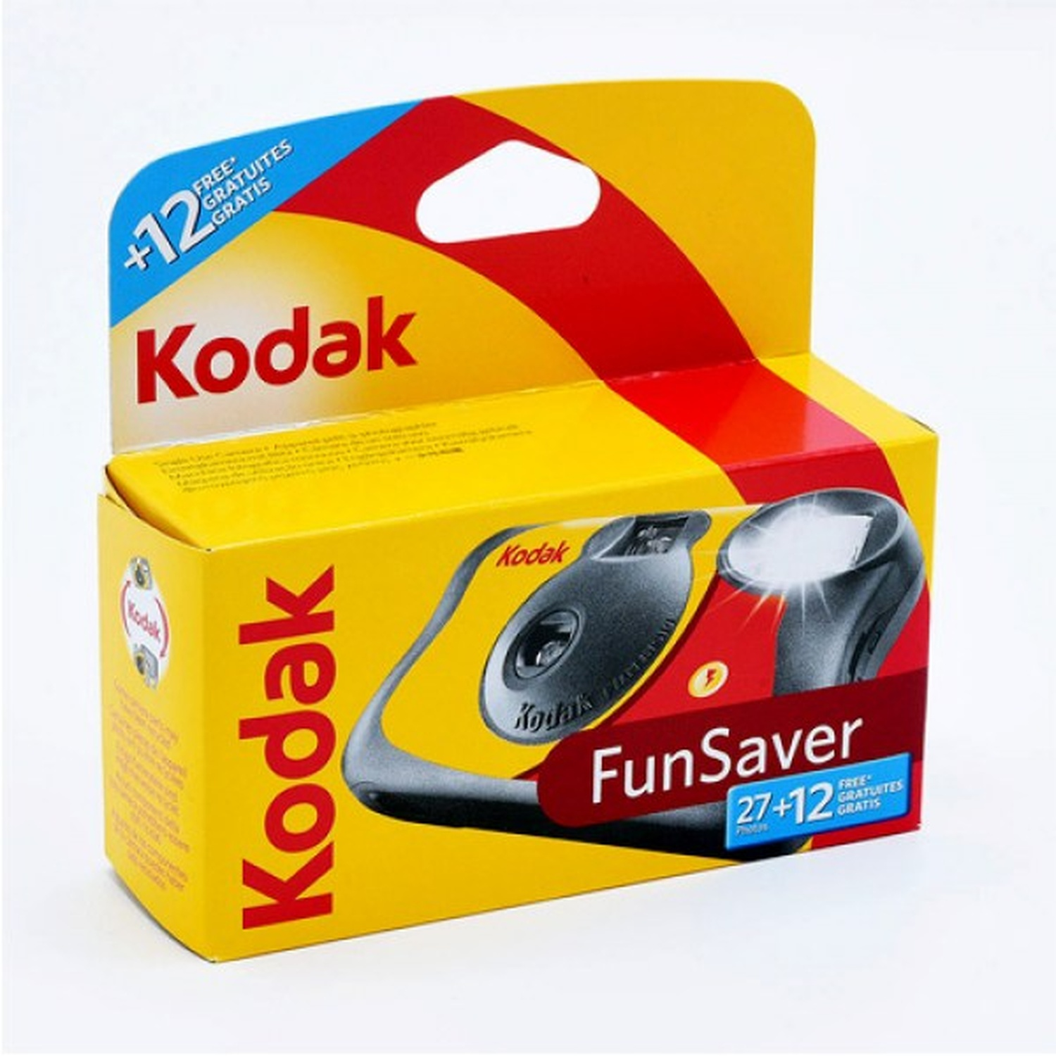 Una scatola gialla della fotocamera Kodak FunSaver. Ha dettagli rossi e blu con testo e l'immagine di una fotocamera.