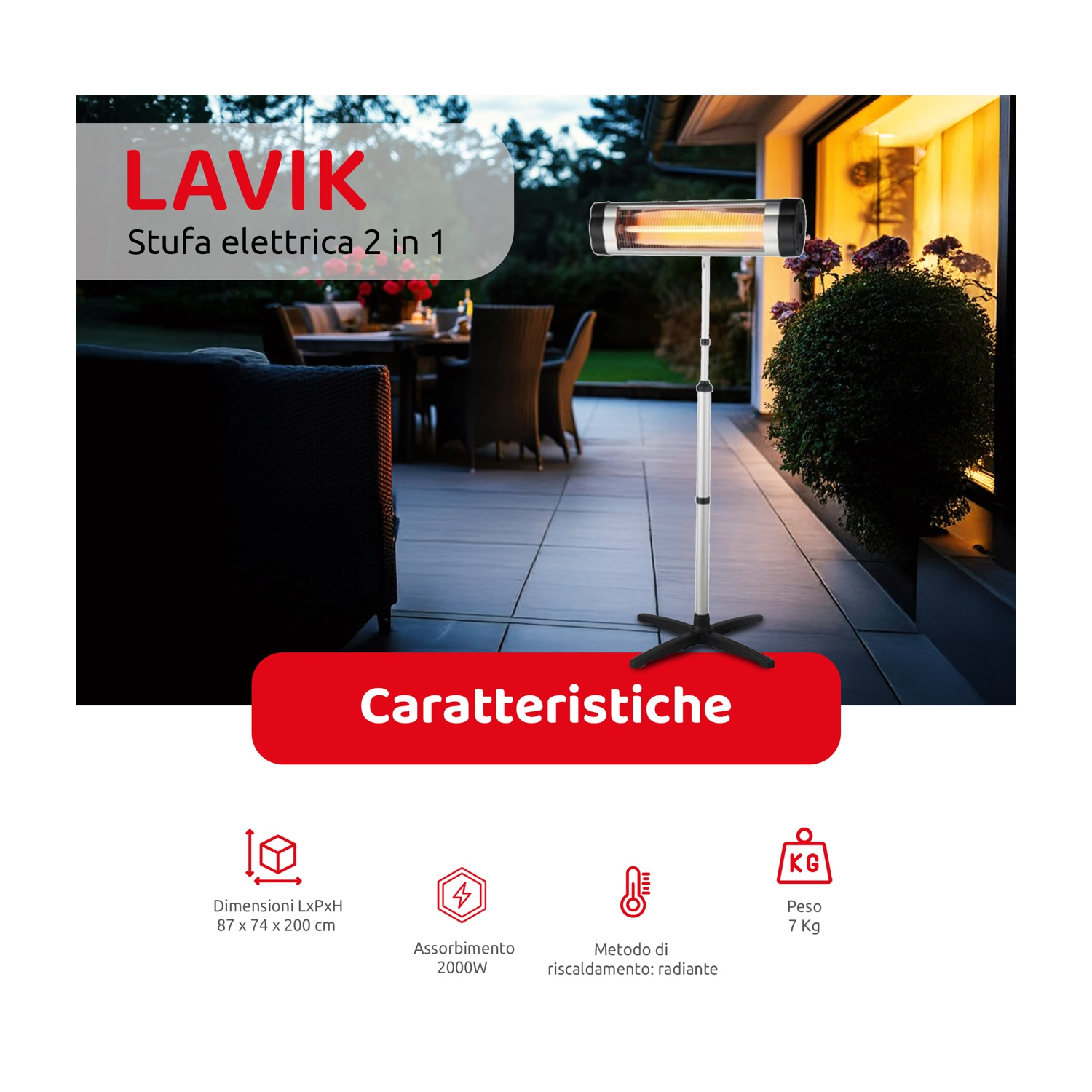 Un riscaldatore elettrico per esterni LAVIK. Mostra il riscaldatore in un giardino, con specifiche e dimensioni.