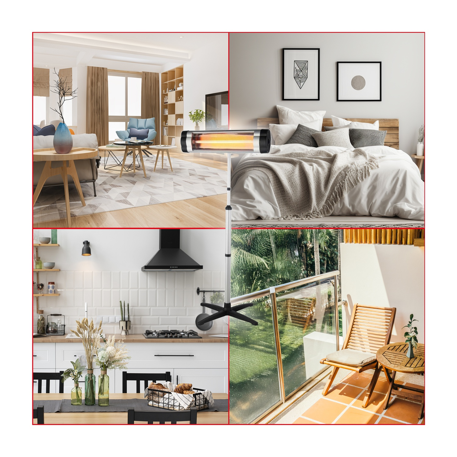 Quattro immagini di interni: soggiorno, camera da letto, cucina e balcone. Ogni scena comprende mobili e decorazioni, mostrando un'estetica moderna.