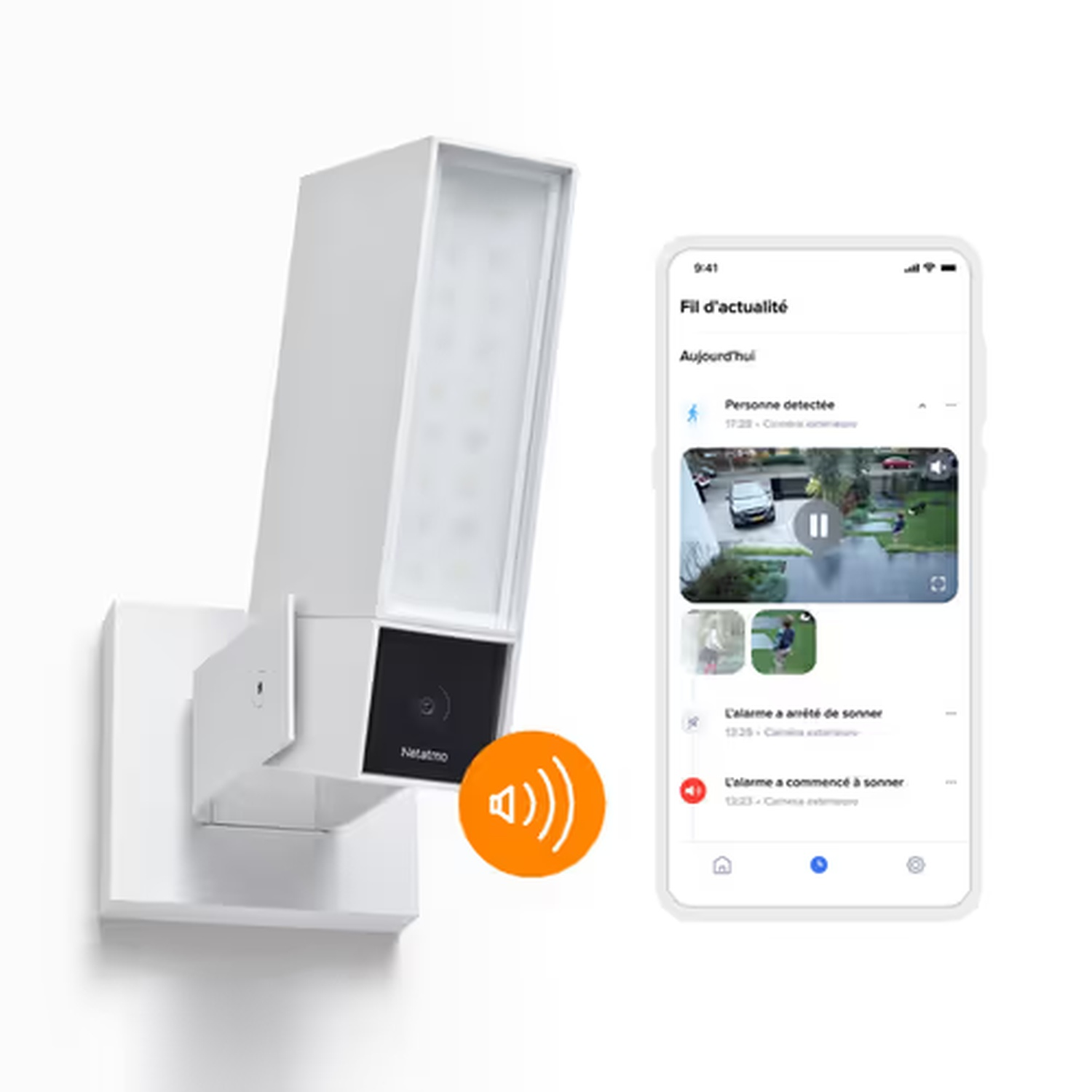 Dispositivo di sicurezza bianco con un telefono che mostra un'interfaccia dell'app. Un'icona del suono arancione è accanto.