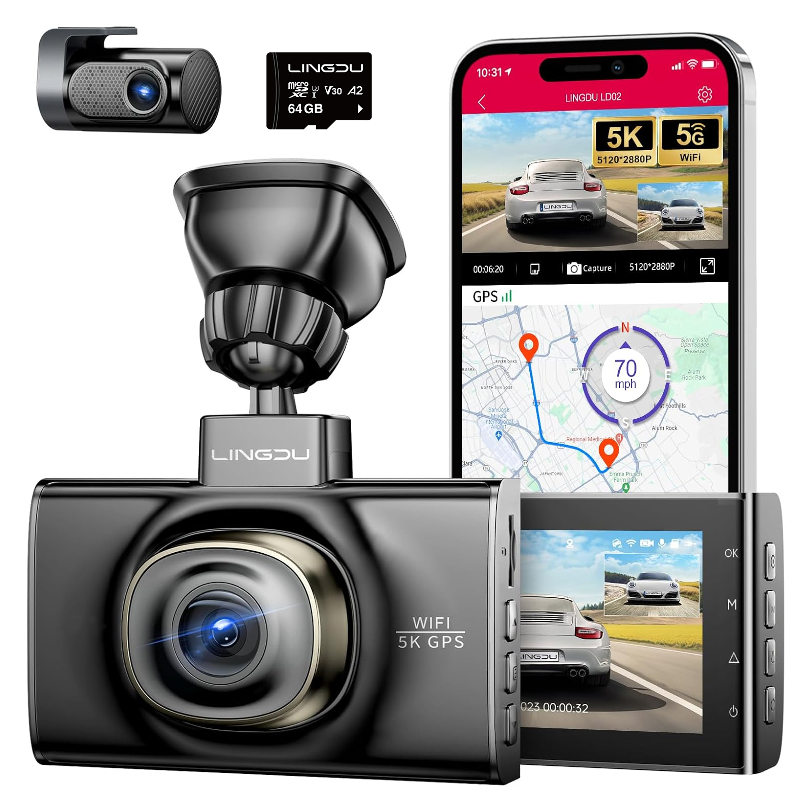 Bir araç kamerası, bir arabanın görünümünü, GPS haritasını ve ayarlarını gösteren bir telefonla. Bir mikro SD kart da gösterilmektedir.