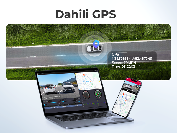 Dizüstü bilgisayar ve telefon, bir araba simgesi ve bir yol haritası üzerinde katmanlı GPS verileriyle araba konumu takibini gösteriyor.
