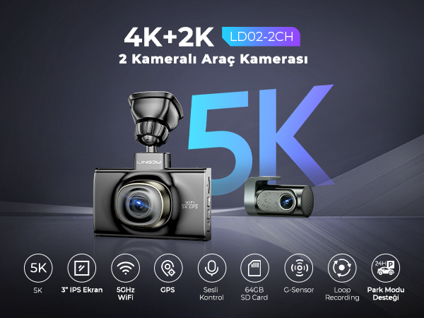 5K çözünürlüğe, Wi-Fi'ye, GPS'e ve ses kontrolüne sahip bir araç kamerası. 3" IPS ekran ve döngü kaydını destekler.