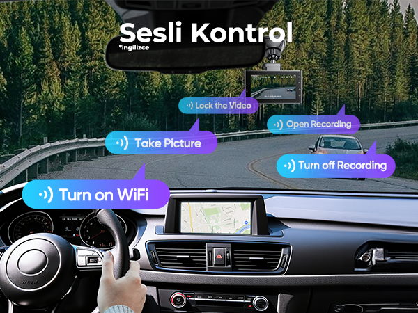 Arabanın içinde, direksiyonda bir el. Ekran, Wi-Fi, fotoğraf, video ve kayıt için sesli kontrol seçeneklerini gösteriyor.