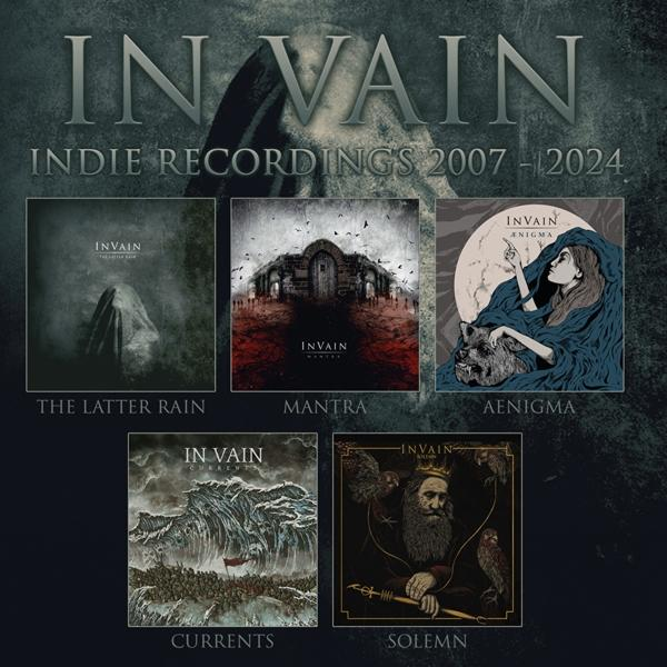 Albumcover für IN VAIN. Fünf Albumcover werden angezeigt, jedes mit einzigartigen Kunstwerken. Der Bandname und Indie Recordings stehen oben.