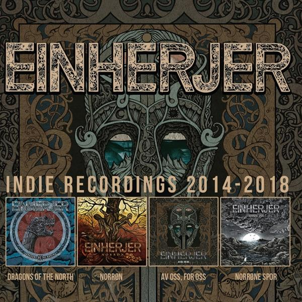 Albumcover mit dem Titel 'EINHERJER'. Enthält vier Albumcover darunter, mit Kunstwerken von Drachen, Bäumen und Wikinger-Bildern.