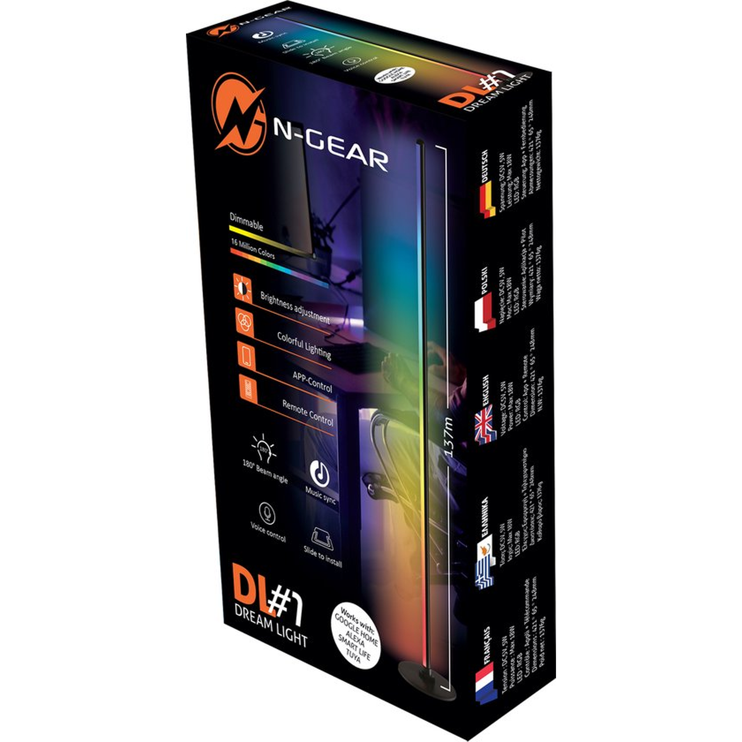 Productdoos met een lange, kleurrijke lamp. Tekst bevat 'N-GEAR', 'Dream Light' en functies als '16 miljoen kleuren'.