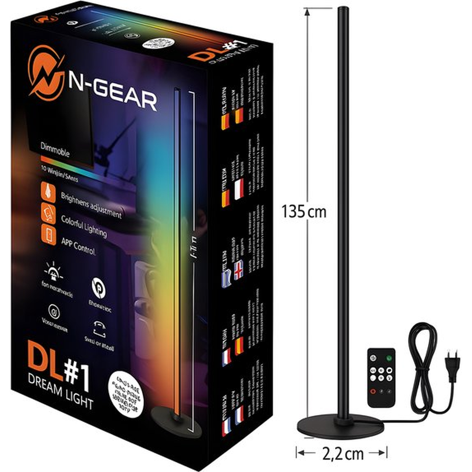 Een zwarte vloerlamp met afstandsbediening en netsnoer staat naast een doos met 'N-GEAR DL#1 DREAM LIGHT'.