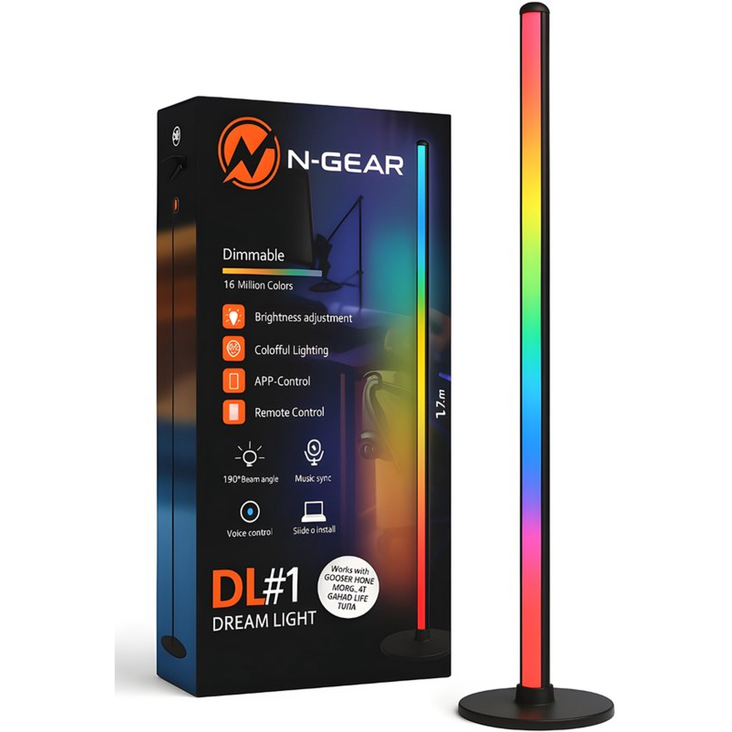 Een staande lamp met kleurveranderend licht staat naast de doos. De doos toont kenmerken en branding, waaronder 'DL#1 Dream Light'.