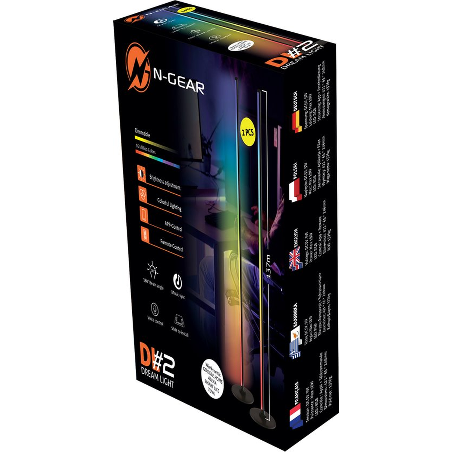 Doos met N-Gear Dream Light. Het heeft kleurrijke lichten, afstandsbediening en spraakbesturing. De doos toont details.