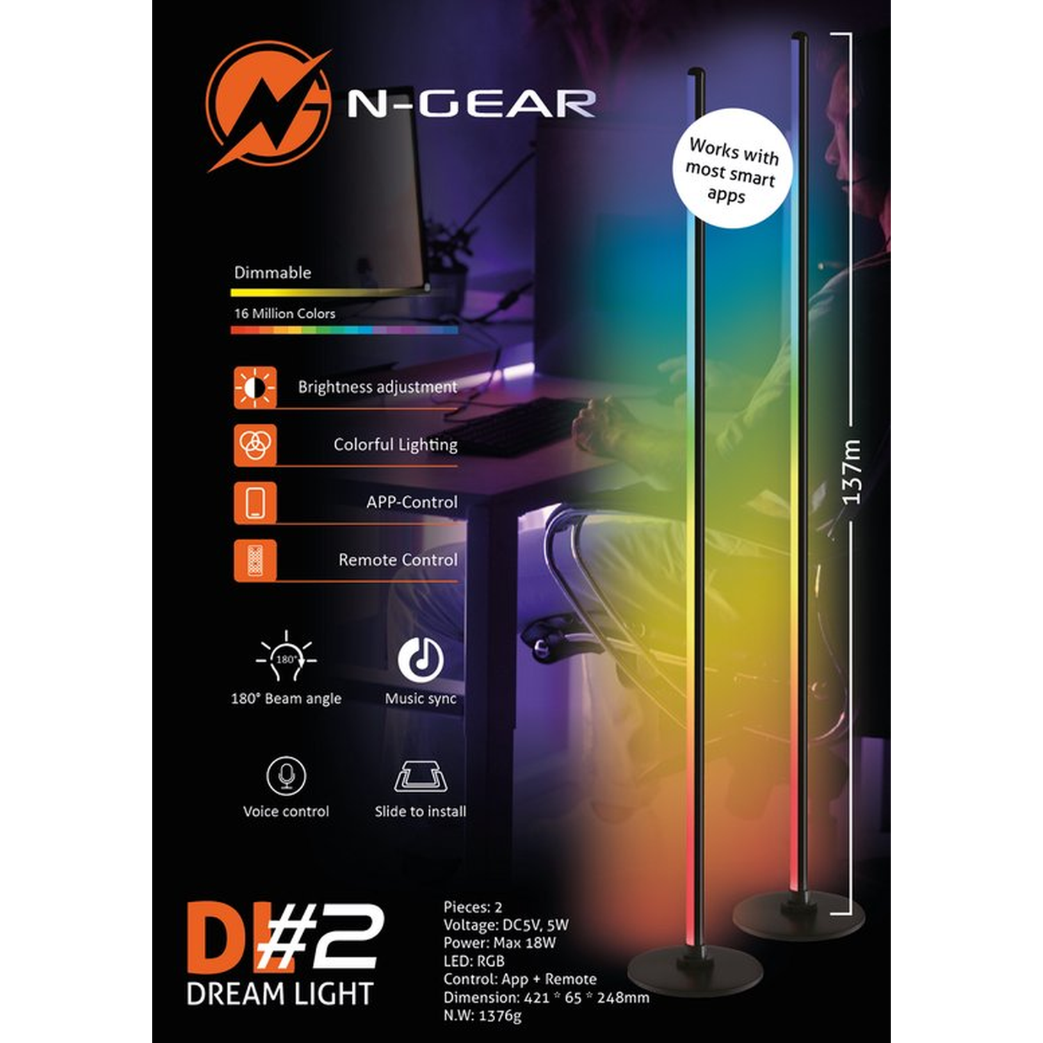 Poster van N-GEAR Dream Light. Toont twee staande lampen met kleurrijke lichten. Kenmerken zijn dimbaar, 16 miljoen kleuren, app-bediening en afstandsbediening.