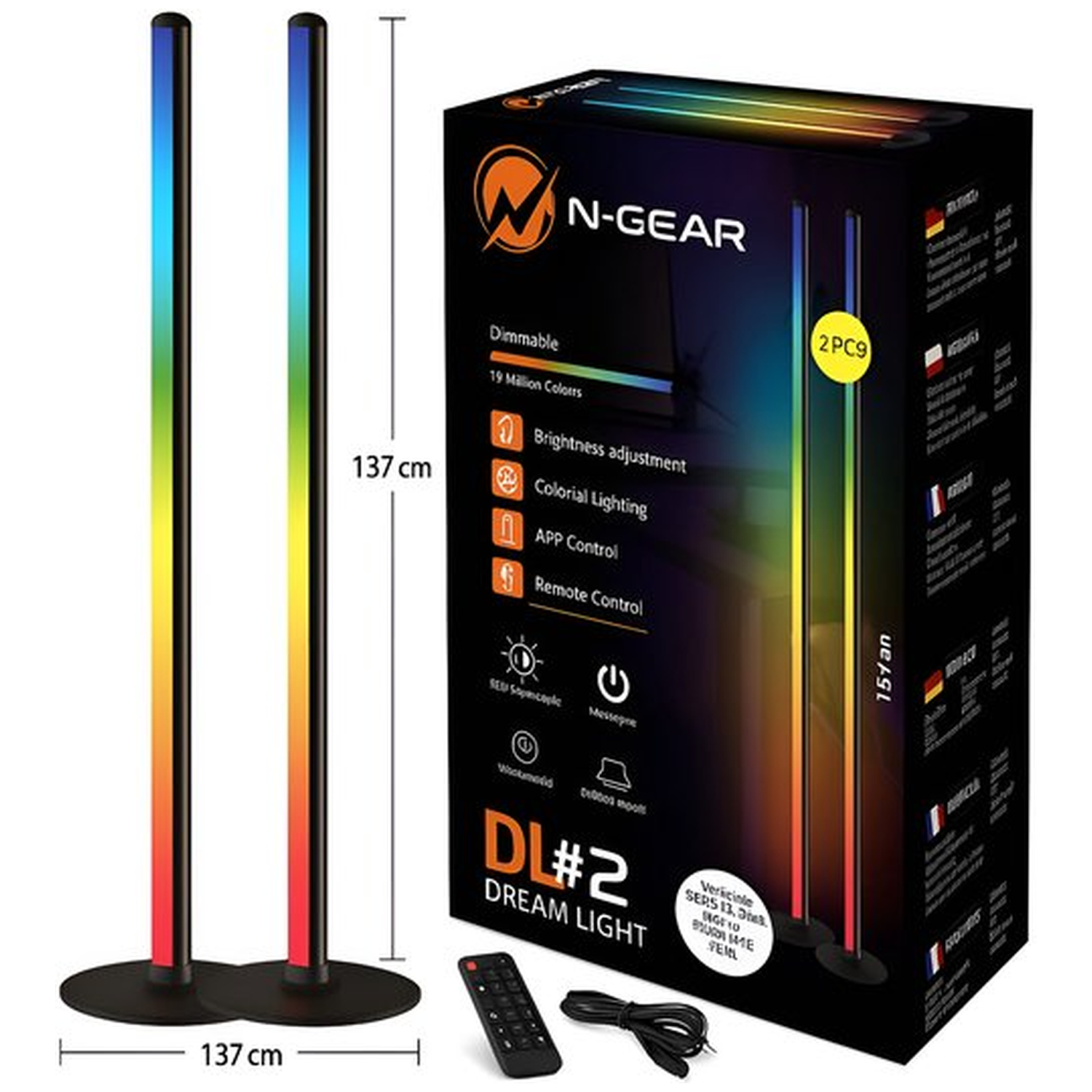 Twee LED-lichtstaven met regenboogkleuren, een zwarte doos met productdetails, afstandsbediening en een voedingskabel worden weergegeven.