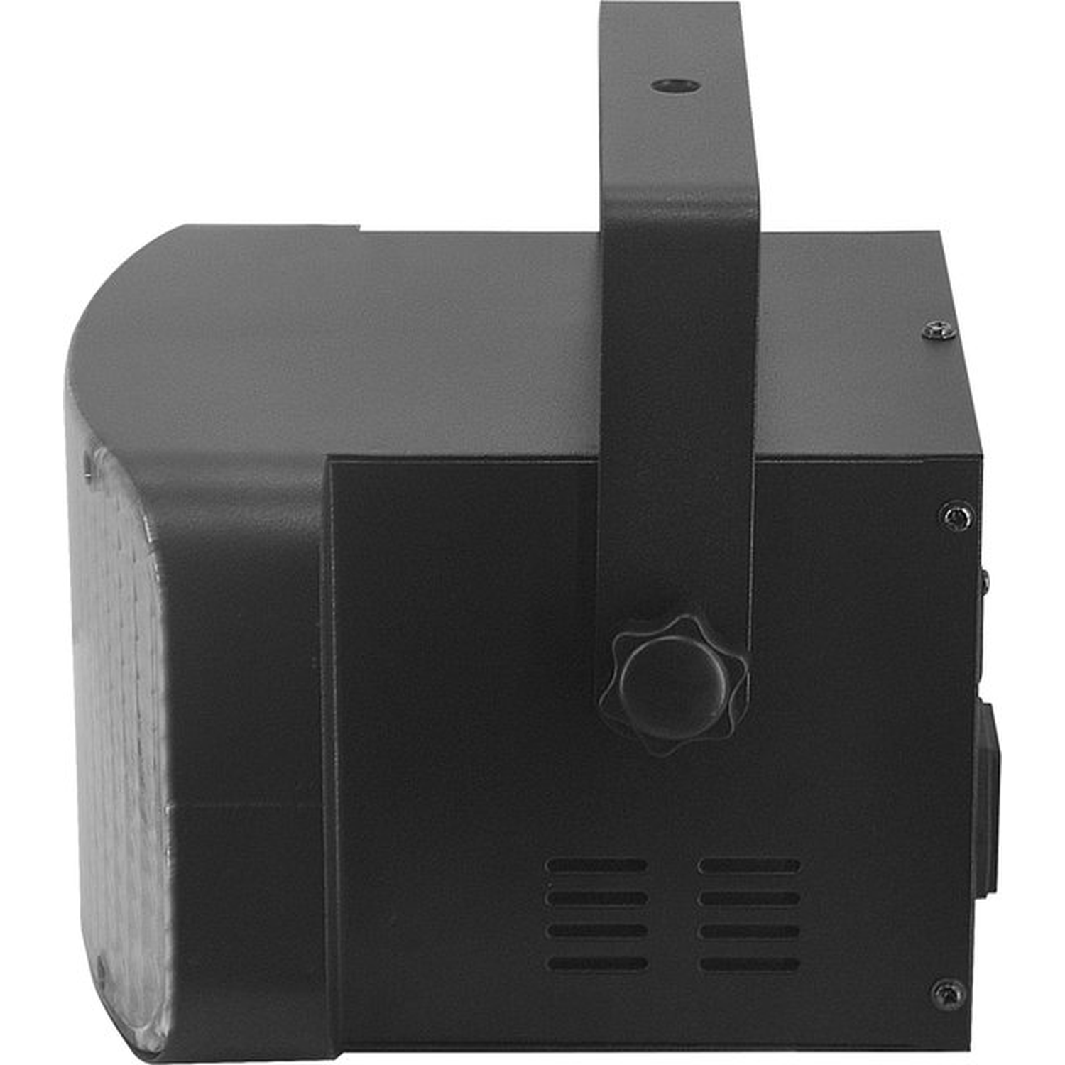 Zwarte projector met handvat. Het heeft een lens, een bedieningsknop en ventilatiesleuven. Zijaanzicht toont een aan/uit-schakelaar.