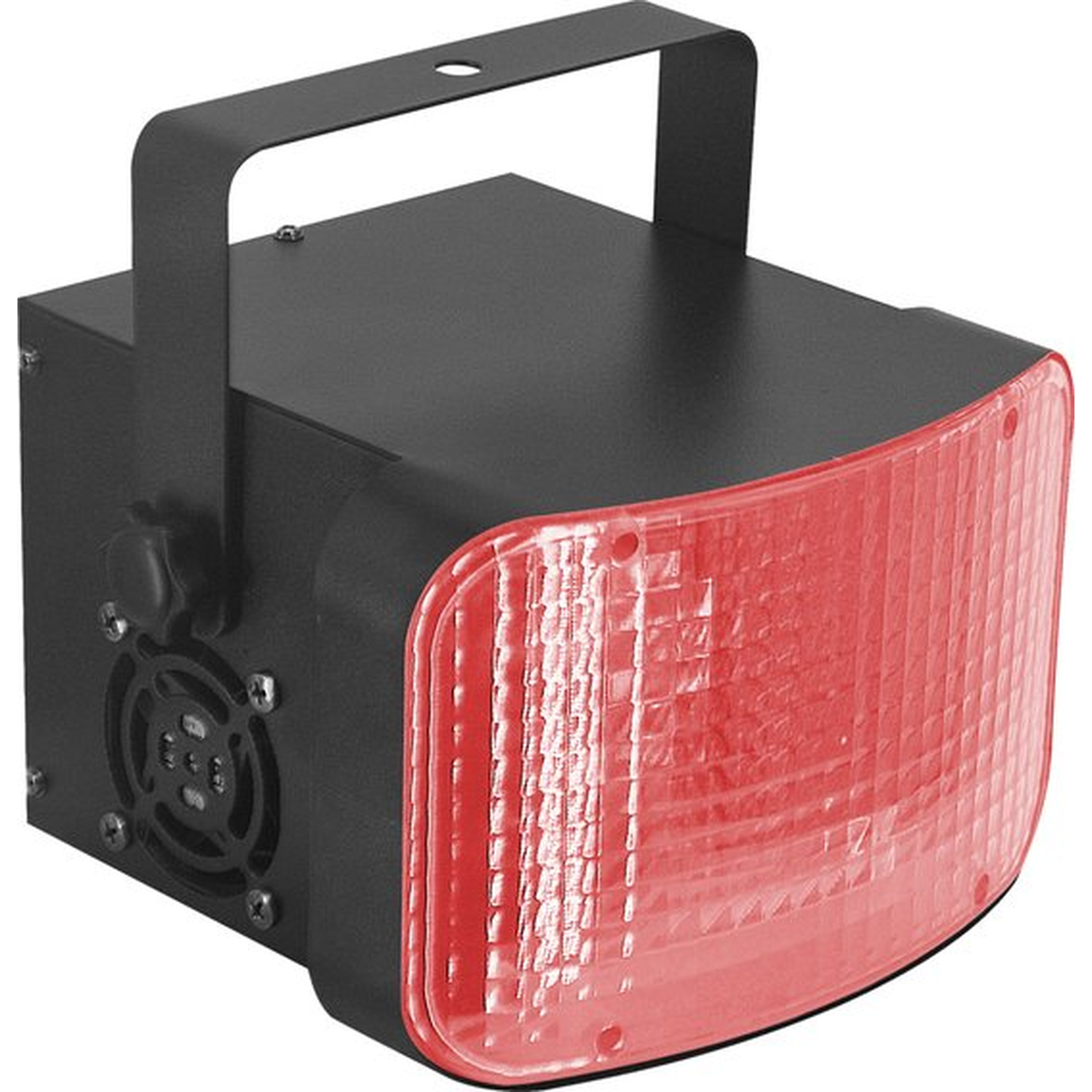 Een zwarte podiumlamp met een rode, gebogen lens. Hij heeft een handvat bovenop en een ventilator aan de zijkant.