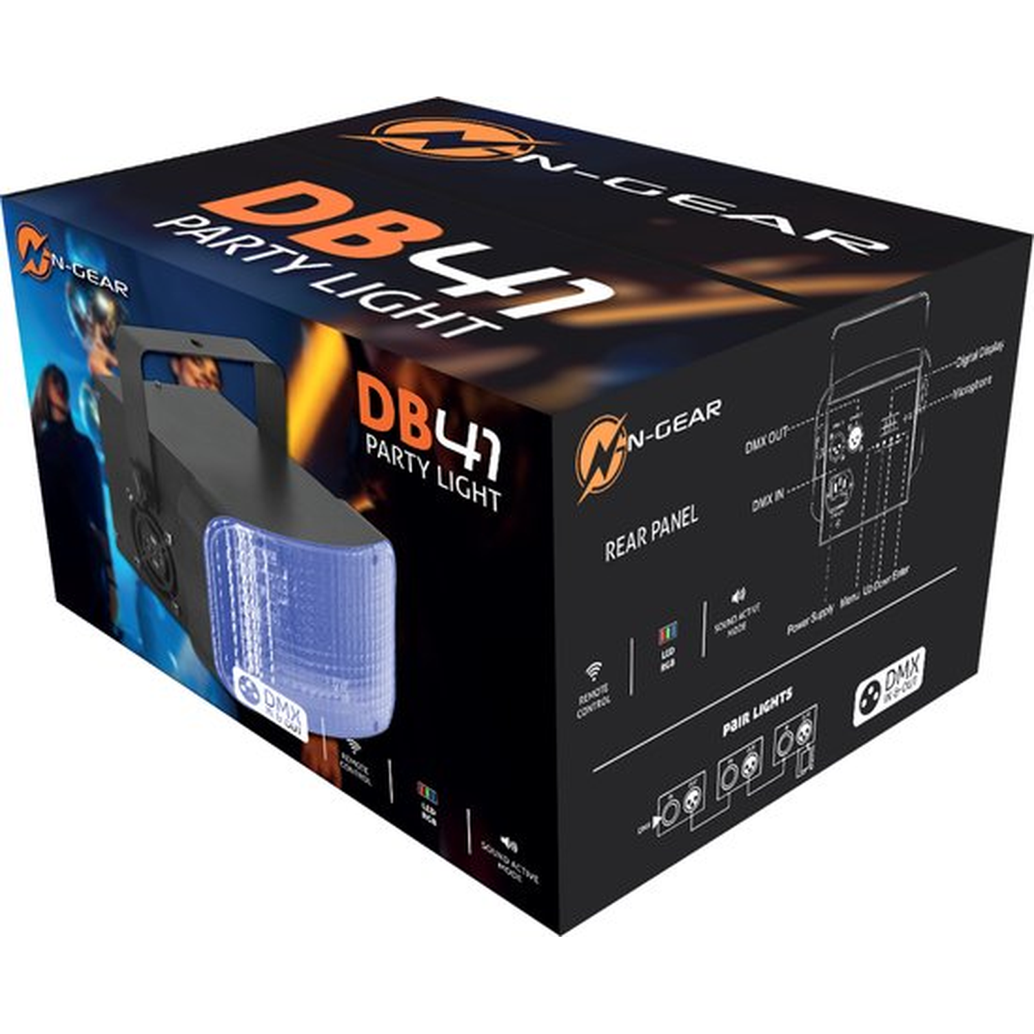 Een zwarte doos met de tekst 'DB41 Party Light' en een feestverlichtingsapparaat. De doos heeft logo's en technische details.